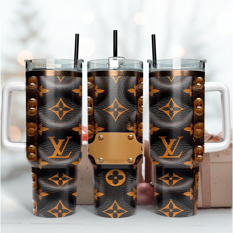 Louis Vuitton LV 3D Leather Pattern Custom Stanley Quencher 40oz Stainless Steel Tumbler With Handle