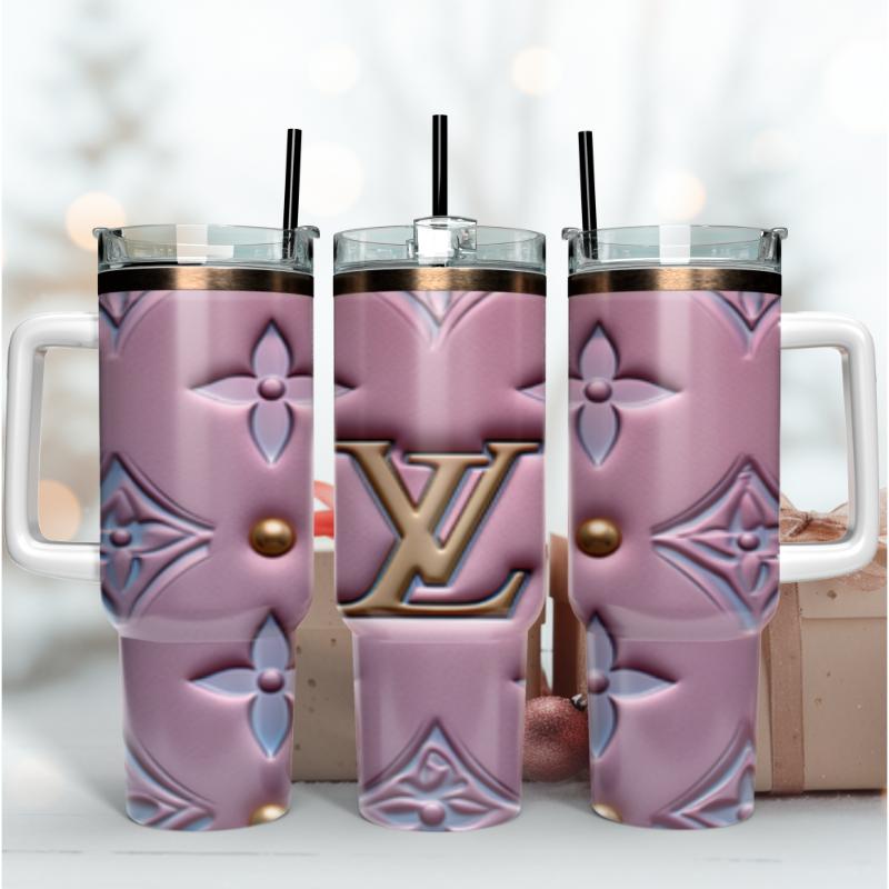 Louis Vuitton LV 3D Logo Pink Pattern Custom Stanley Quencher 40oz Stainless Steel Tumbler With Handle