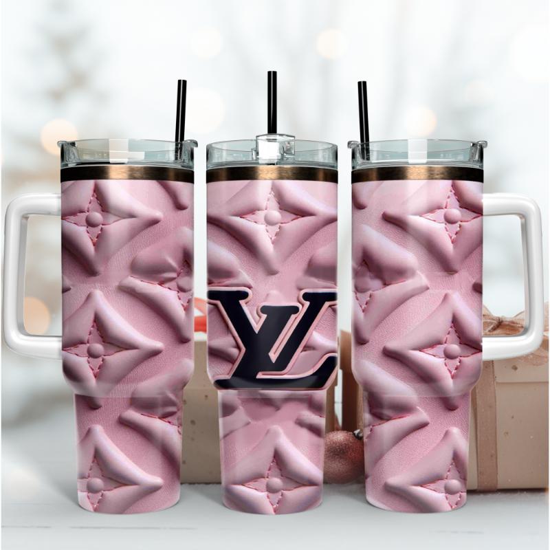 Louis Vuitton LV 3D Pink Leather Pattern Custom Stanley Quencher 40oz Stainless Steel Tumbler With Handle