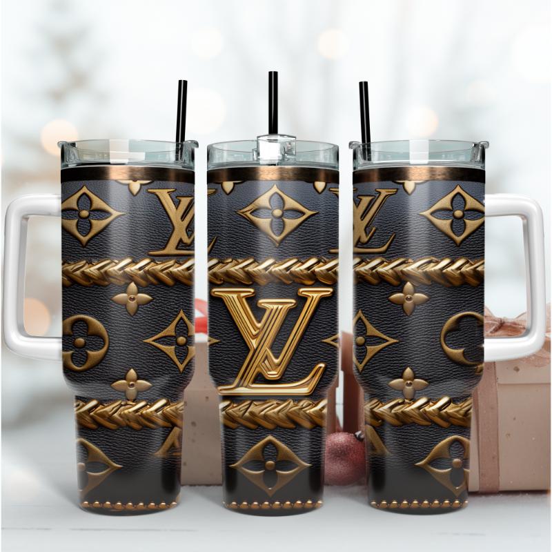 Louis Vuitton LV Black and Gold 3D Logo Custom Stanley Quencher 40oz Stainless Steel Tumbler With Handle