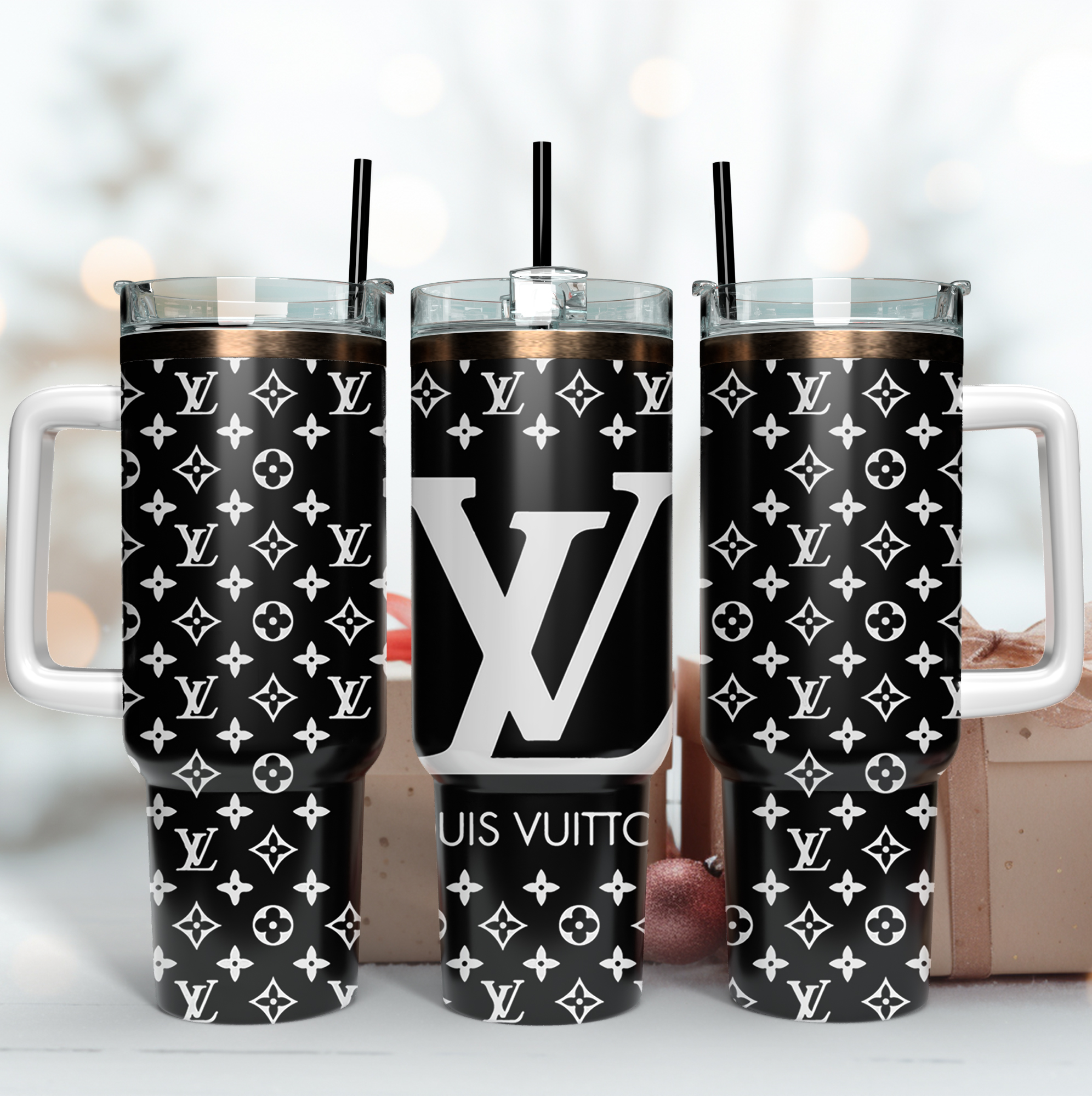 Louis Vuitton LV Black and White Logo Custom Stanley Quencher 40oz Stainless Steel Tumbler With Handle