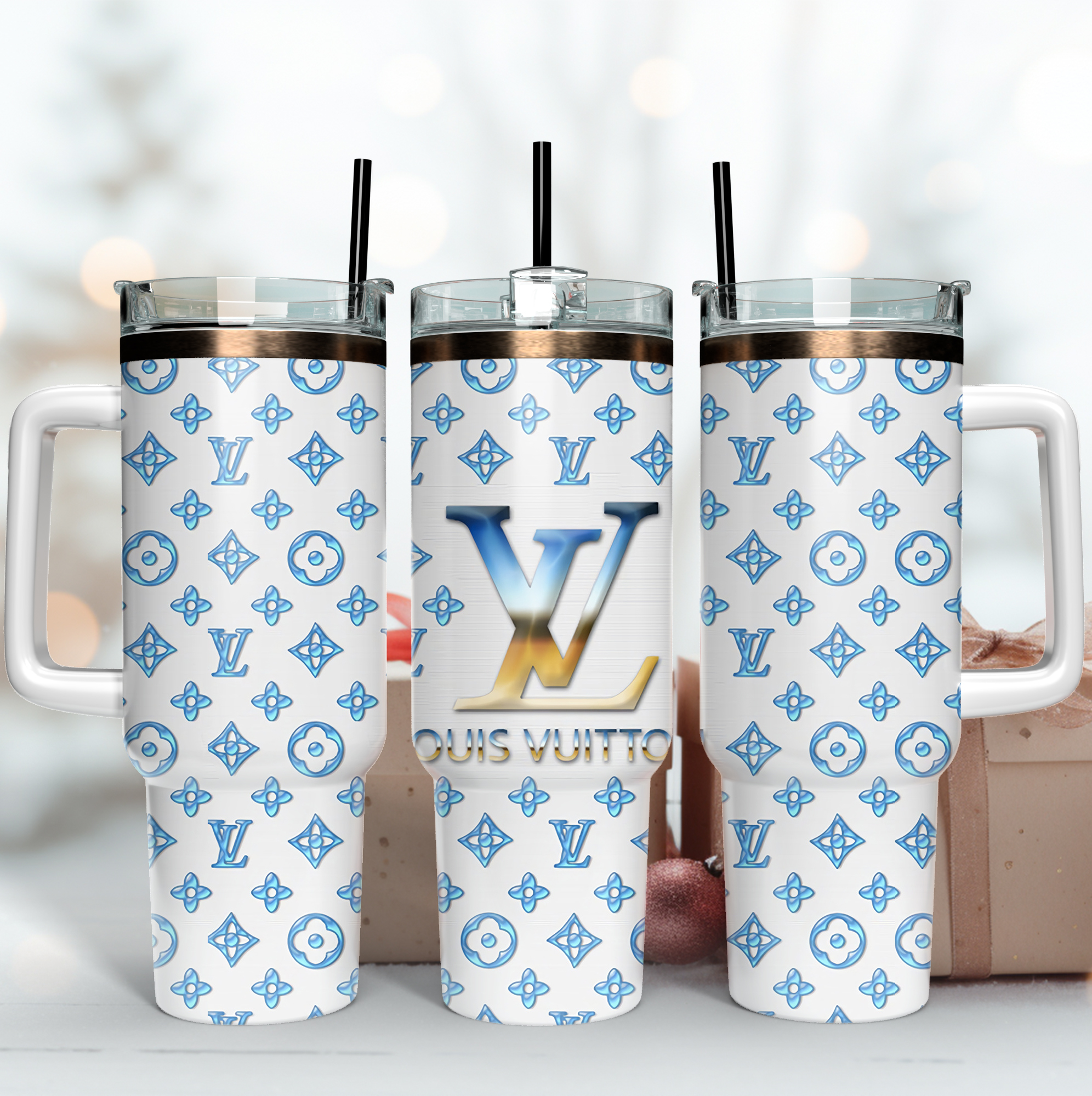 Louis Vuitton LV Blue 3D Logo Custom Stanley Quencher 40oz Stainless Steel Tumbler With Handle