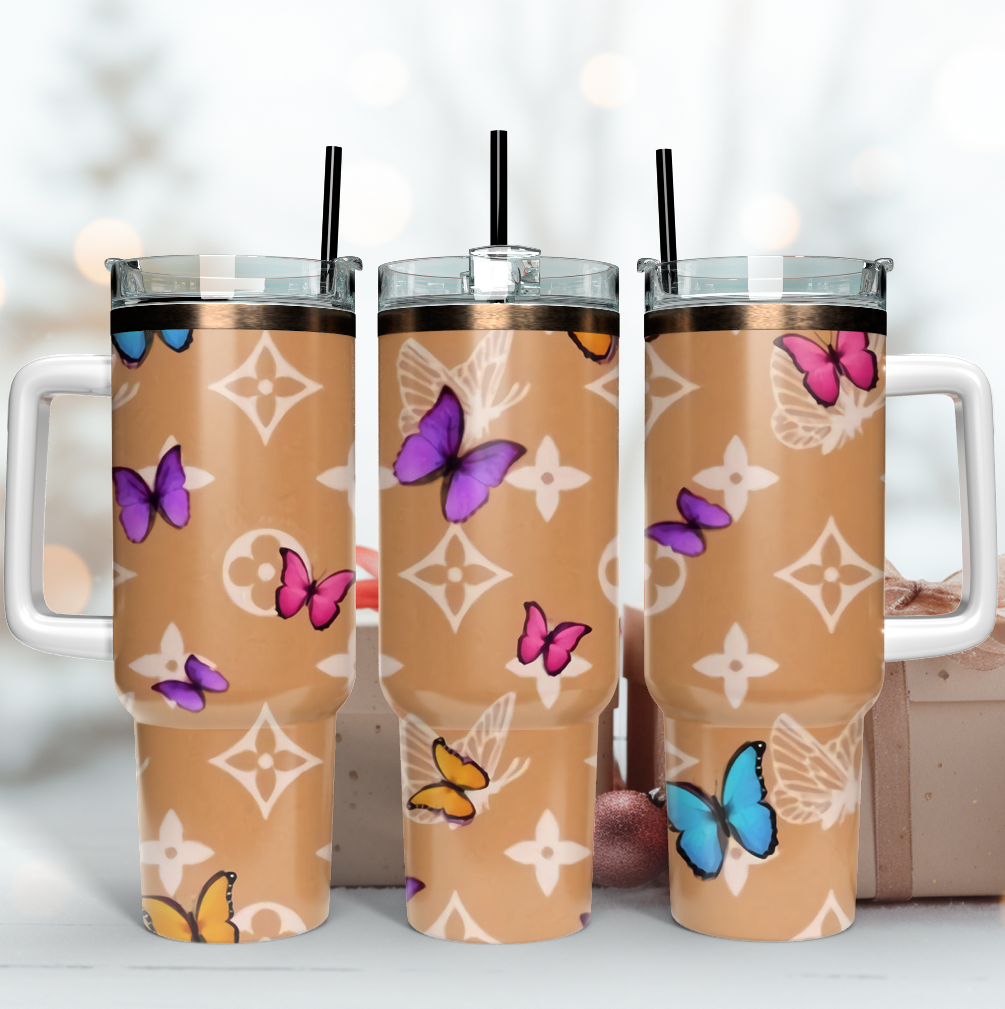 Louis Vuitton LV Butterfly Custom Stanley Quencher 40oz Stainless Steel Tumbler With Handle