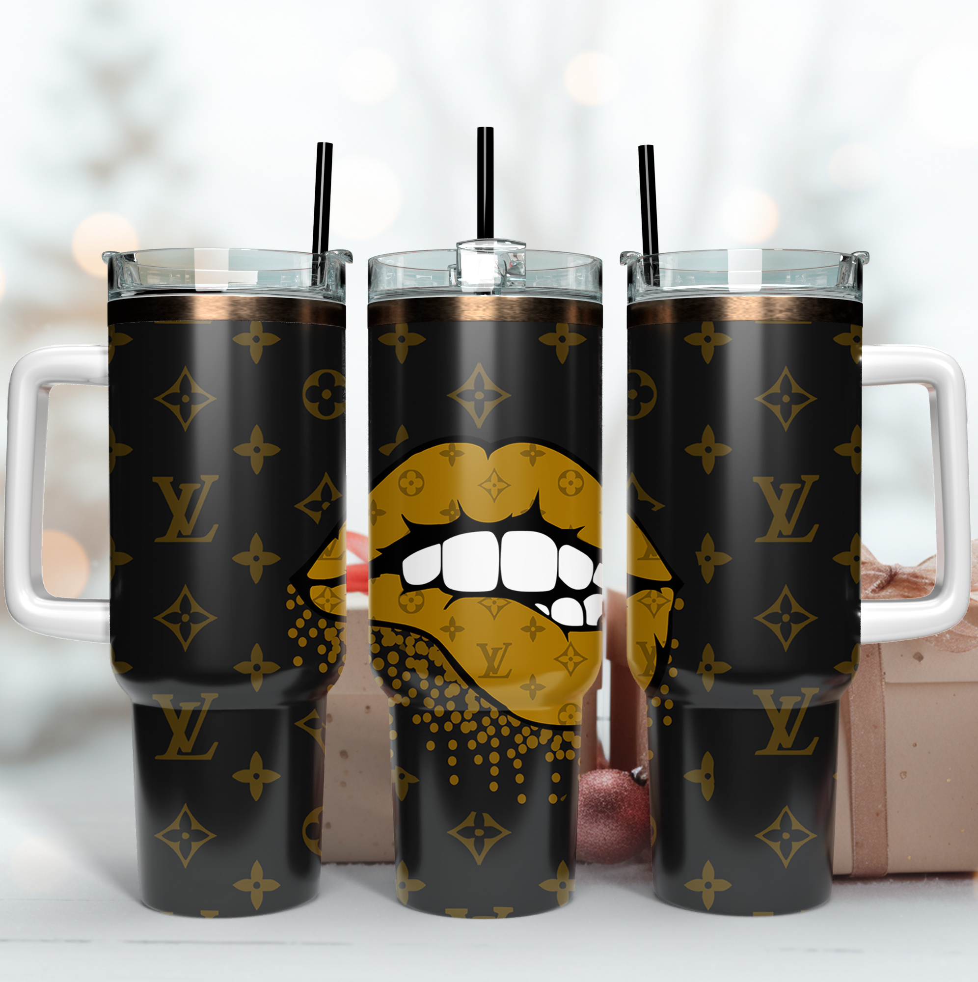 Louis Vuitton LV Dripping Lips Custom Stanley Quencher 40oz Stainless Steel Tumbler With Handle