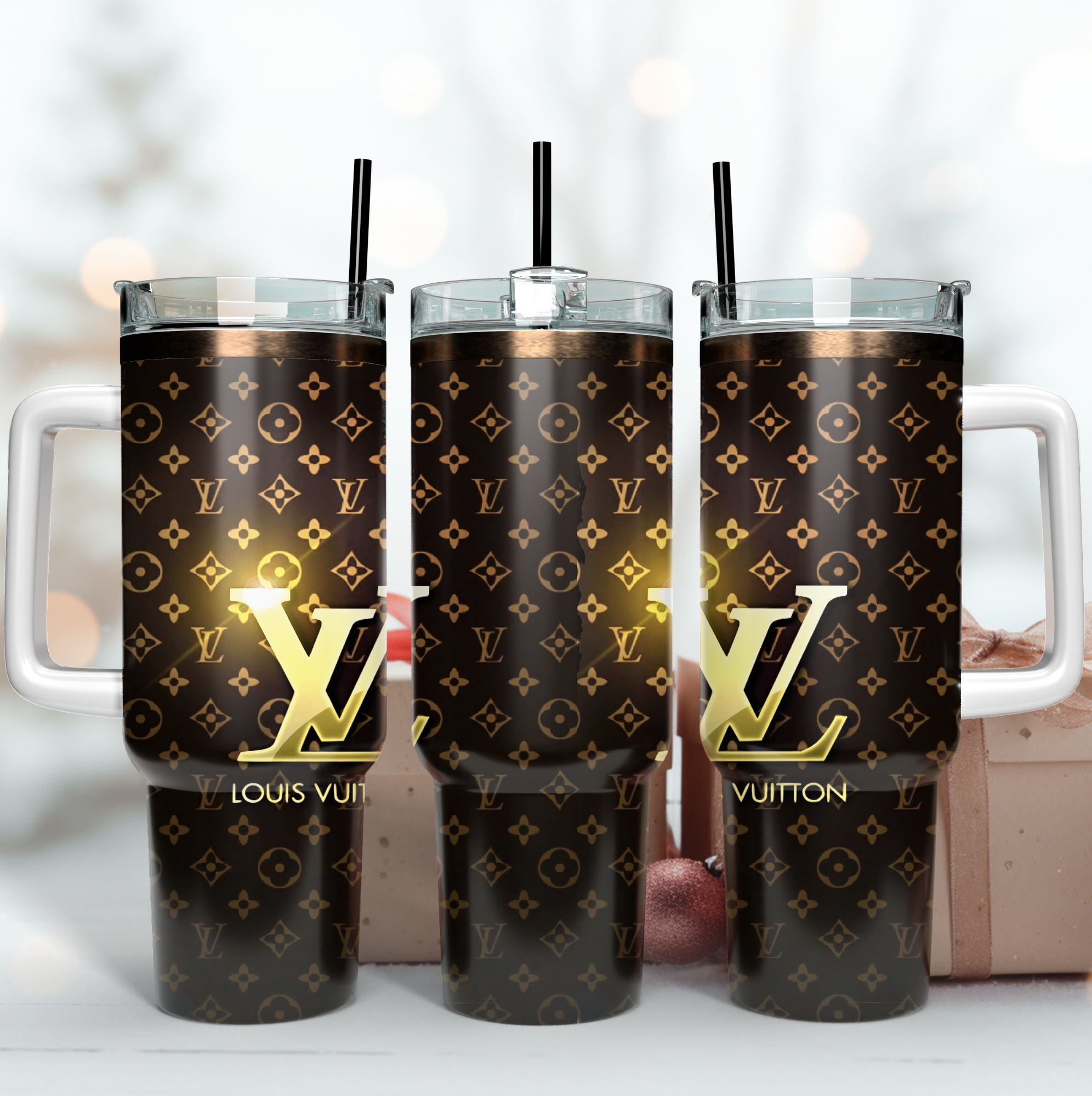 Louis Vuitton LV Golden Logo Custom Stanley Quencher 40oz Stainless Steel Tumbler With Handle