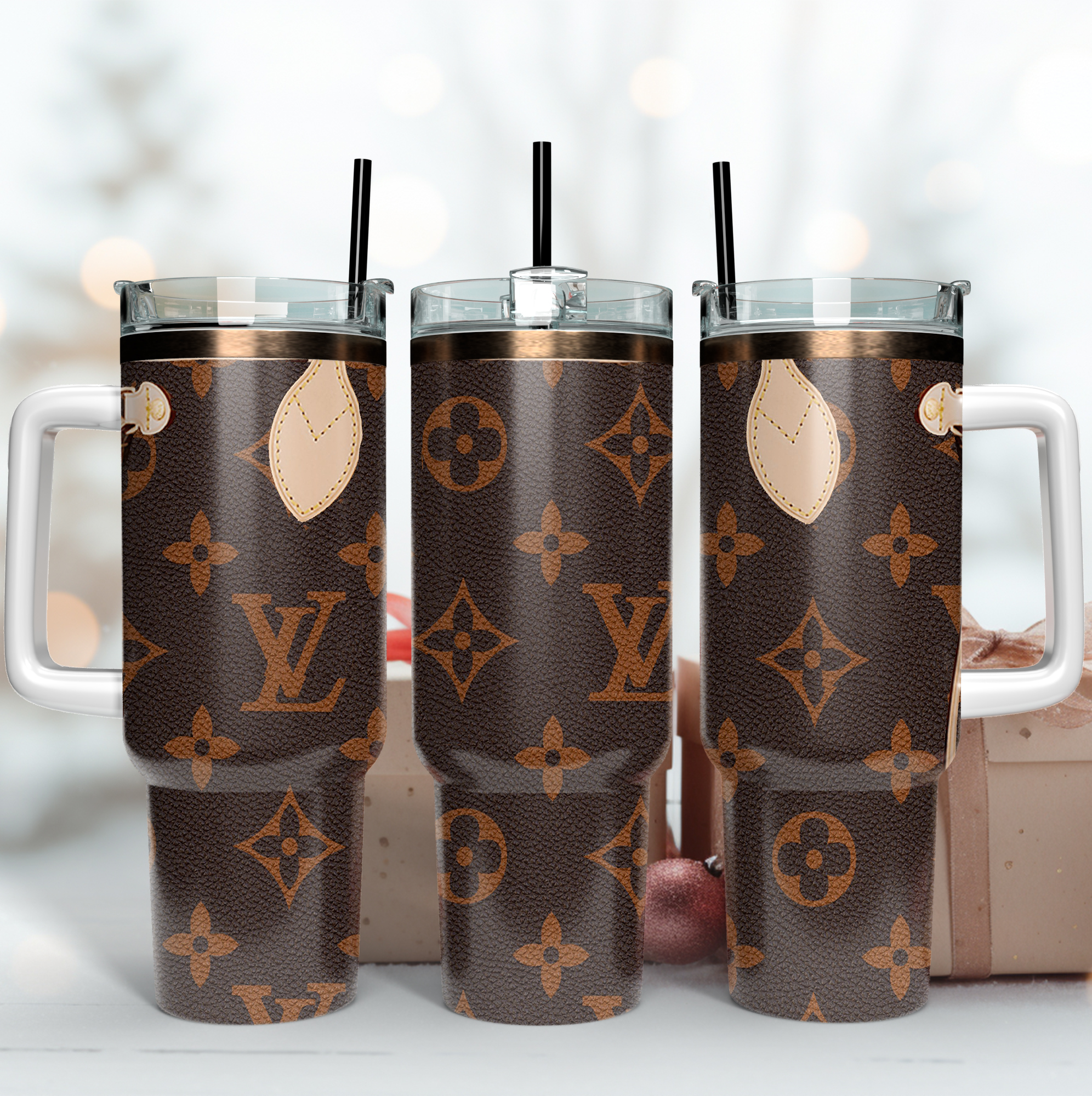 Louis Vuitton LV Logo Leather Pattern Custom Stanley Quencher 40oz Stainless Steel Tumbler With Handle