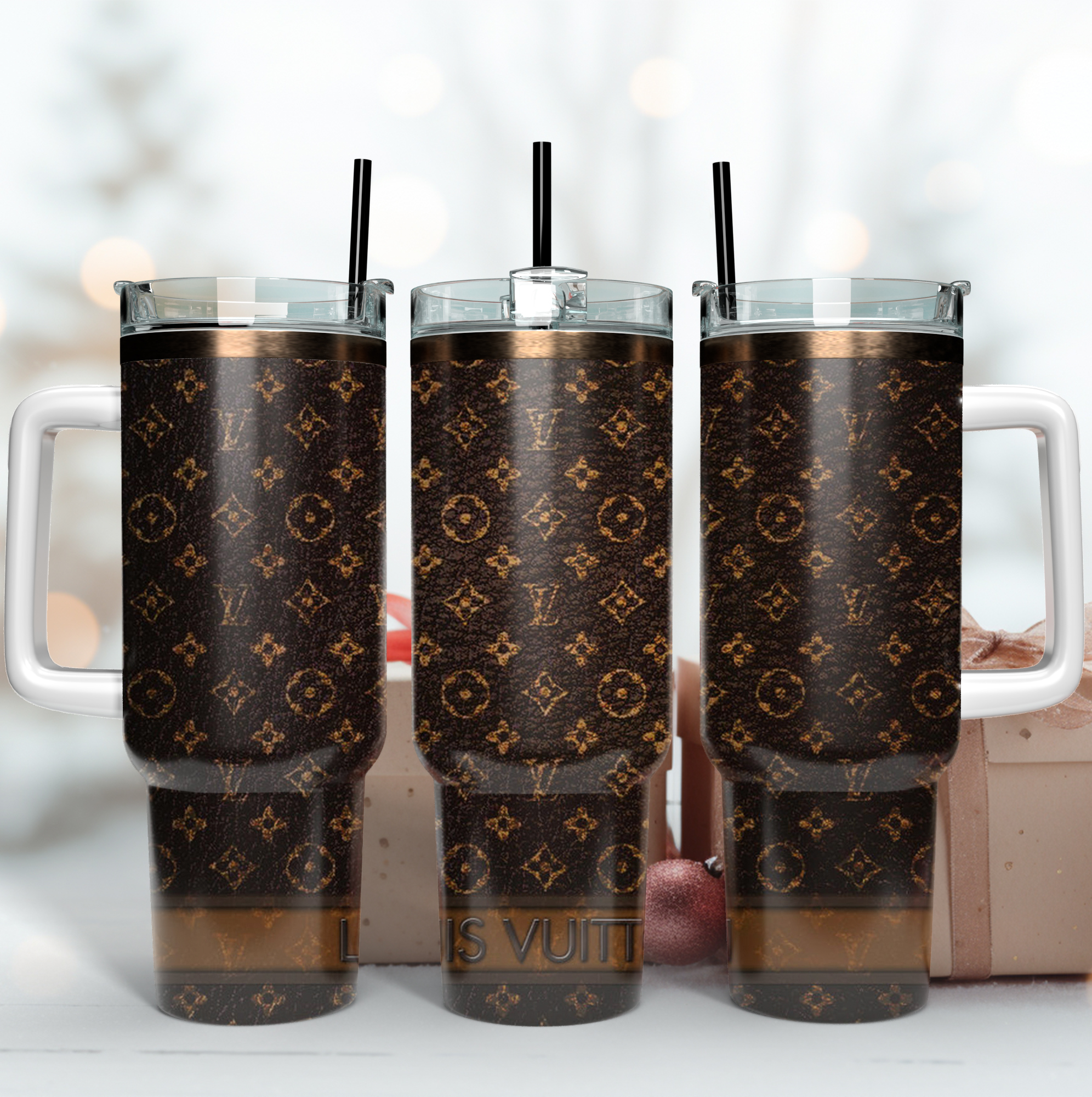 Louis Vuitton LV Logo Leather Pattern Custom Stanley Quencher 40oz Stainless Steel Tumbler With Handle