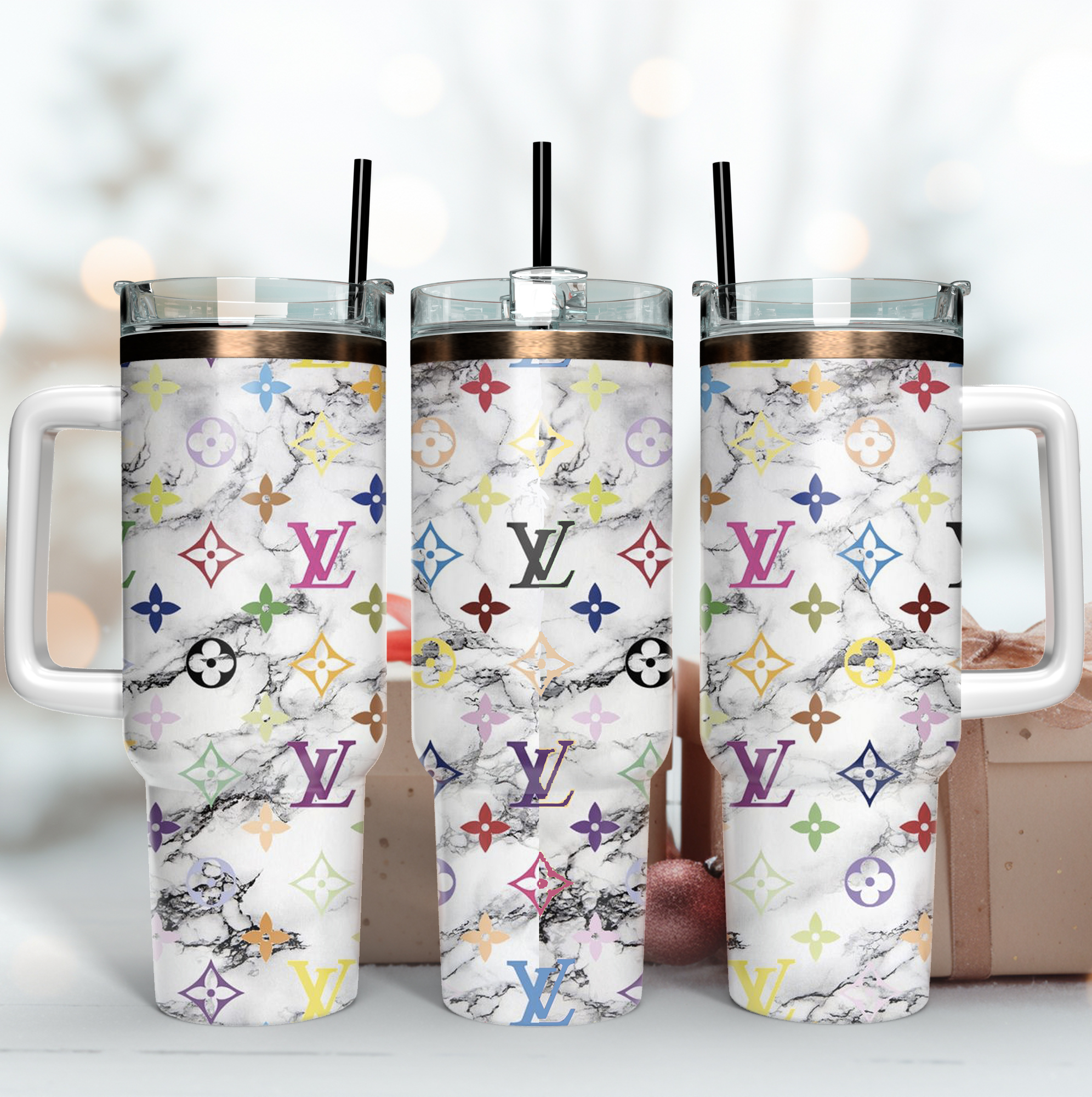 Louis Vuitton LV Logo Marble Tile Texture Custom Stanley Quencher 40oz Stainless Steel Tumbler With Handle