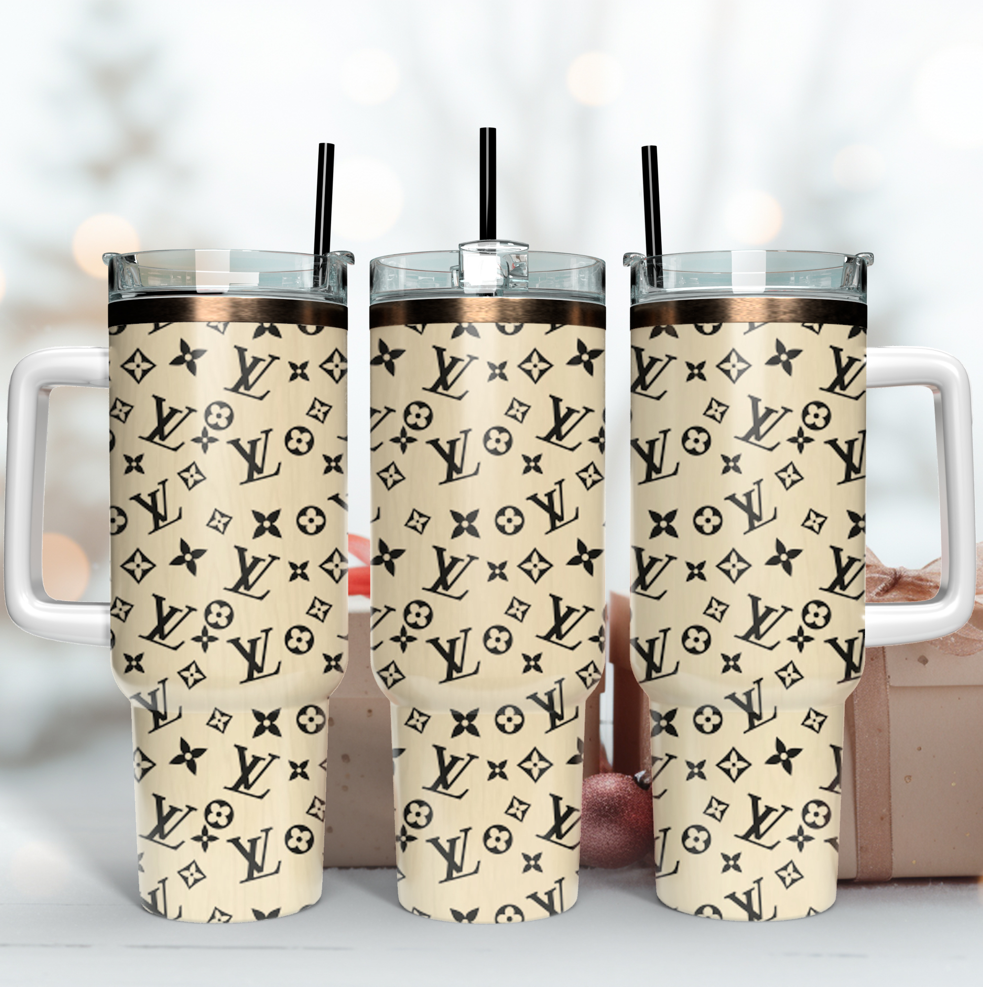 Louis Vuitton LV Logo Print Custom Stanley Quencher 40oz Stainless Steel Tumbler With Handle