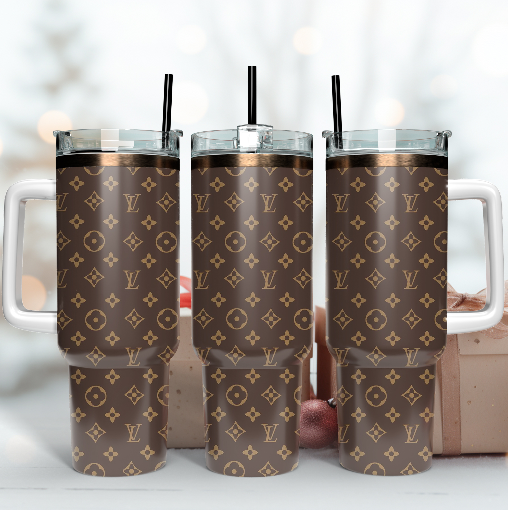Louis Vuitton LV Logo Print Custom Stanley Quencher 40oz Stainless Steel Tumbler With Handle