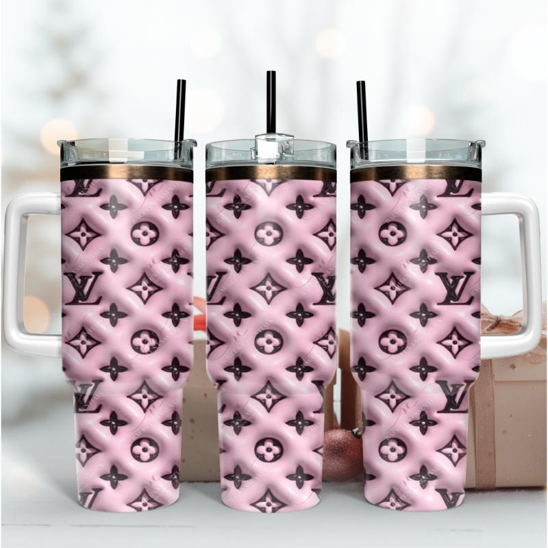 Louis Vuitton LV Pink 3D Logo Custom Stanley Quencher 40oz Stainless Steel Tumbler With Handle