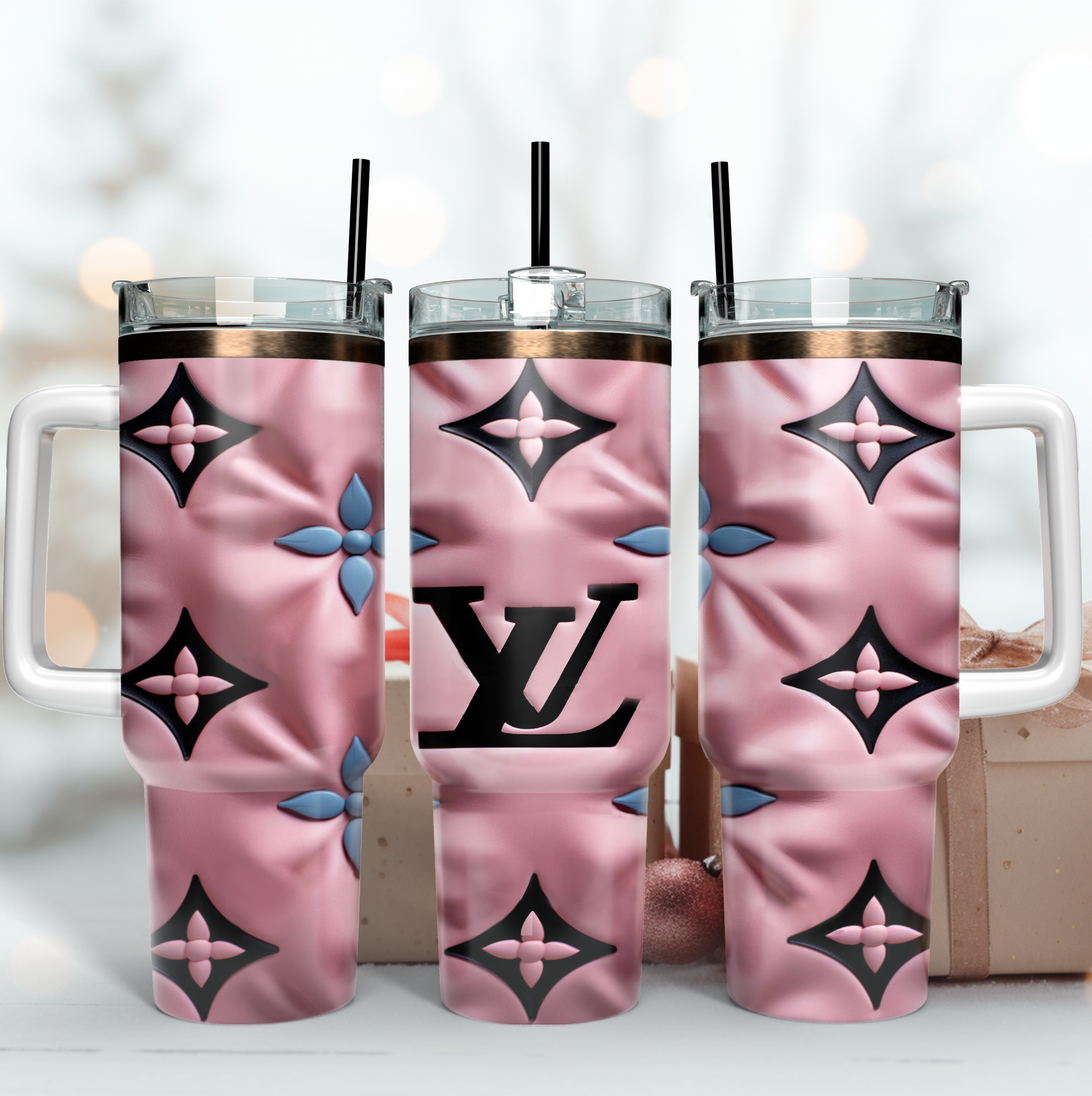 Louis Vuitton LV Pink 3D Pattern Custom Stanley Quencher 40oz Stainless Steel Tumbler With Handle