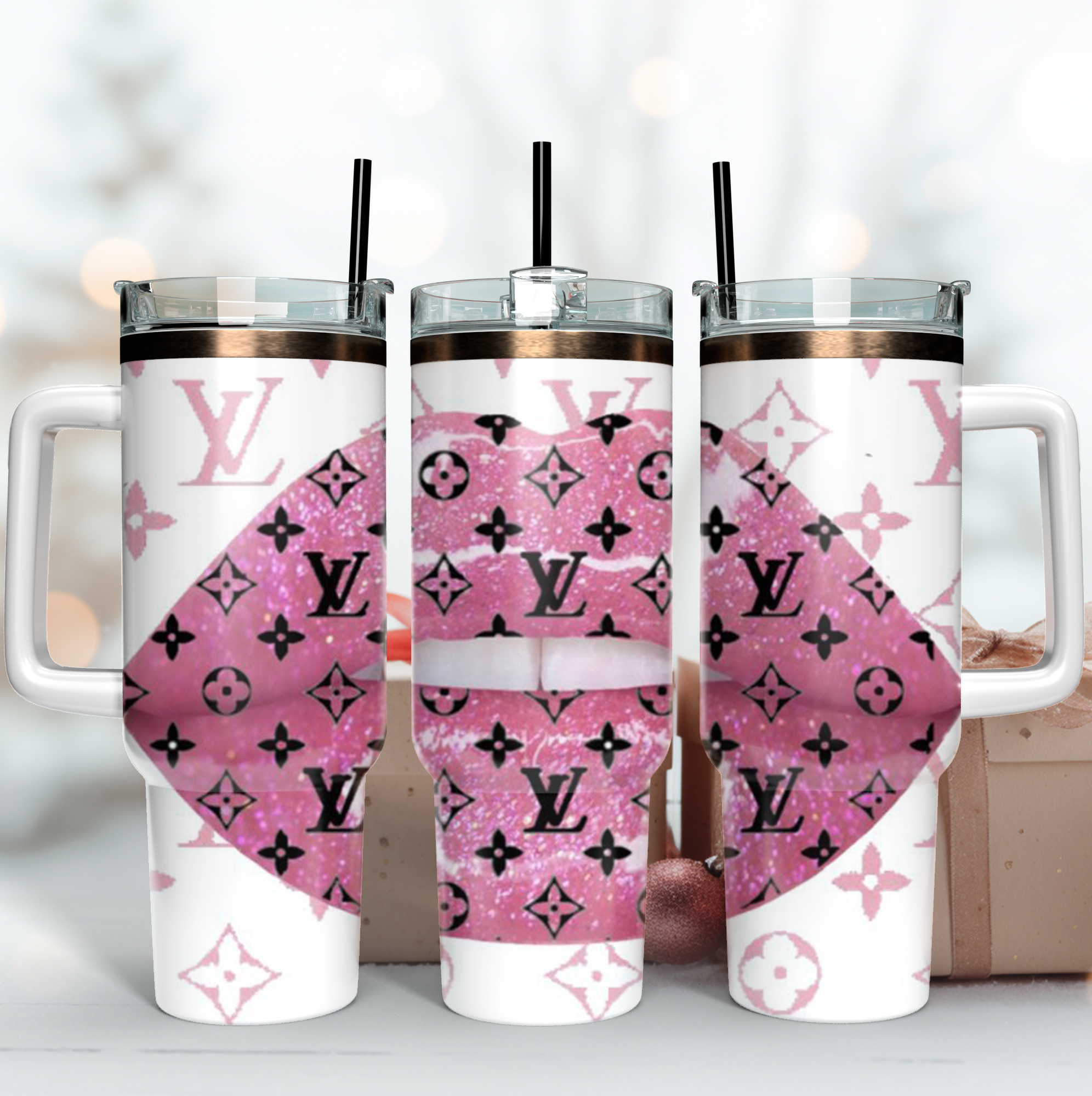 Louis Vuitton LV Pink Lips Custom Stanley Quencher 40oz Stainless Steel Tumbler With Handle