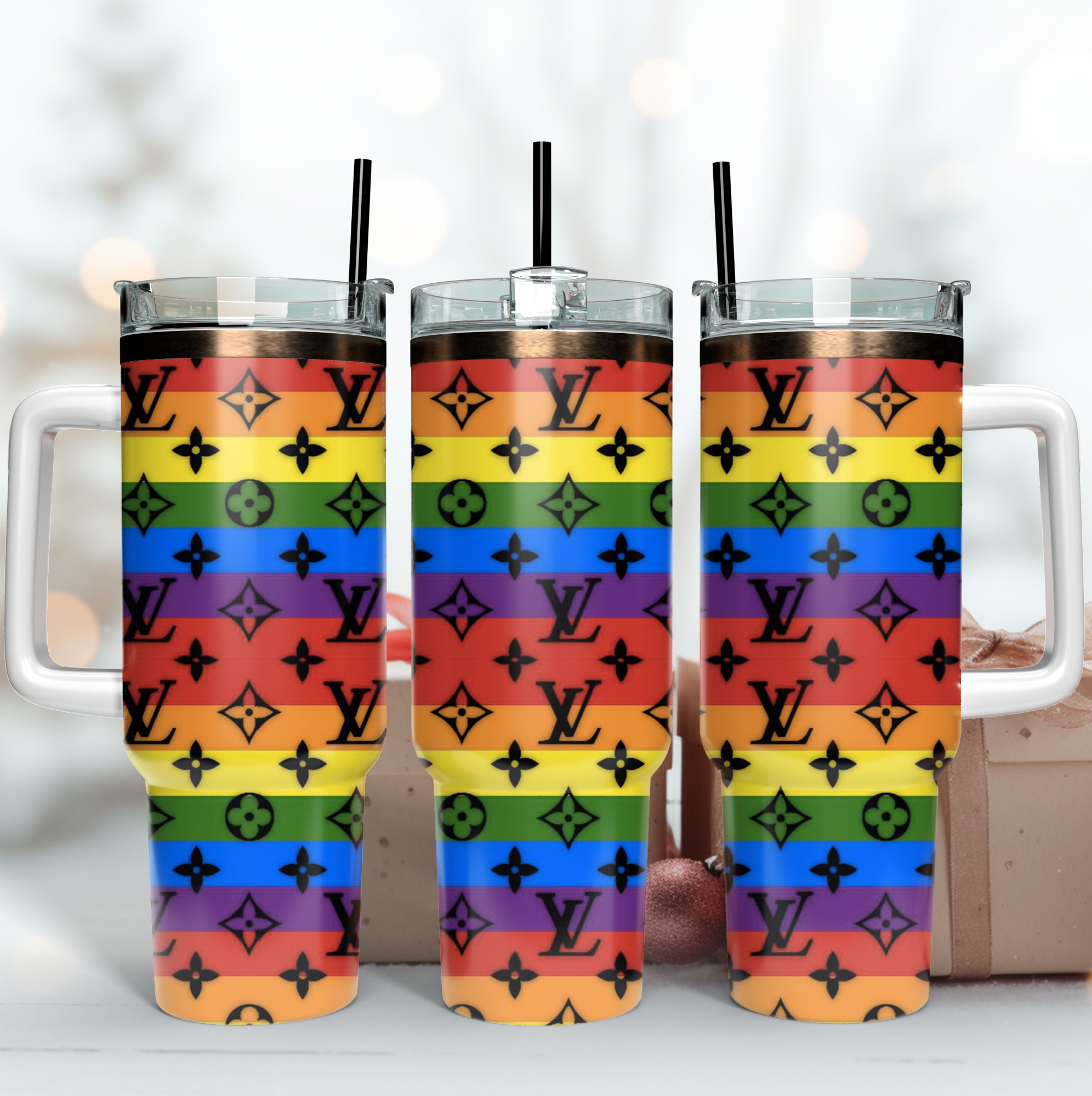 Louis Vuitton LV Pride Flag Pattern Custom Stanley Quencher 40oz Stainless Steel Tumbler With Handle