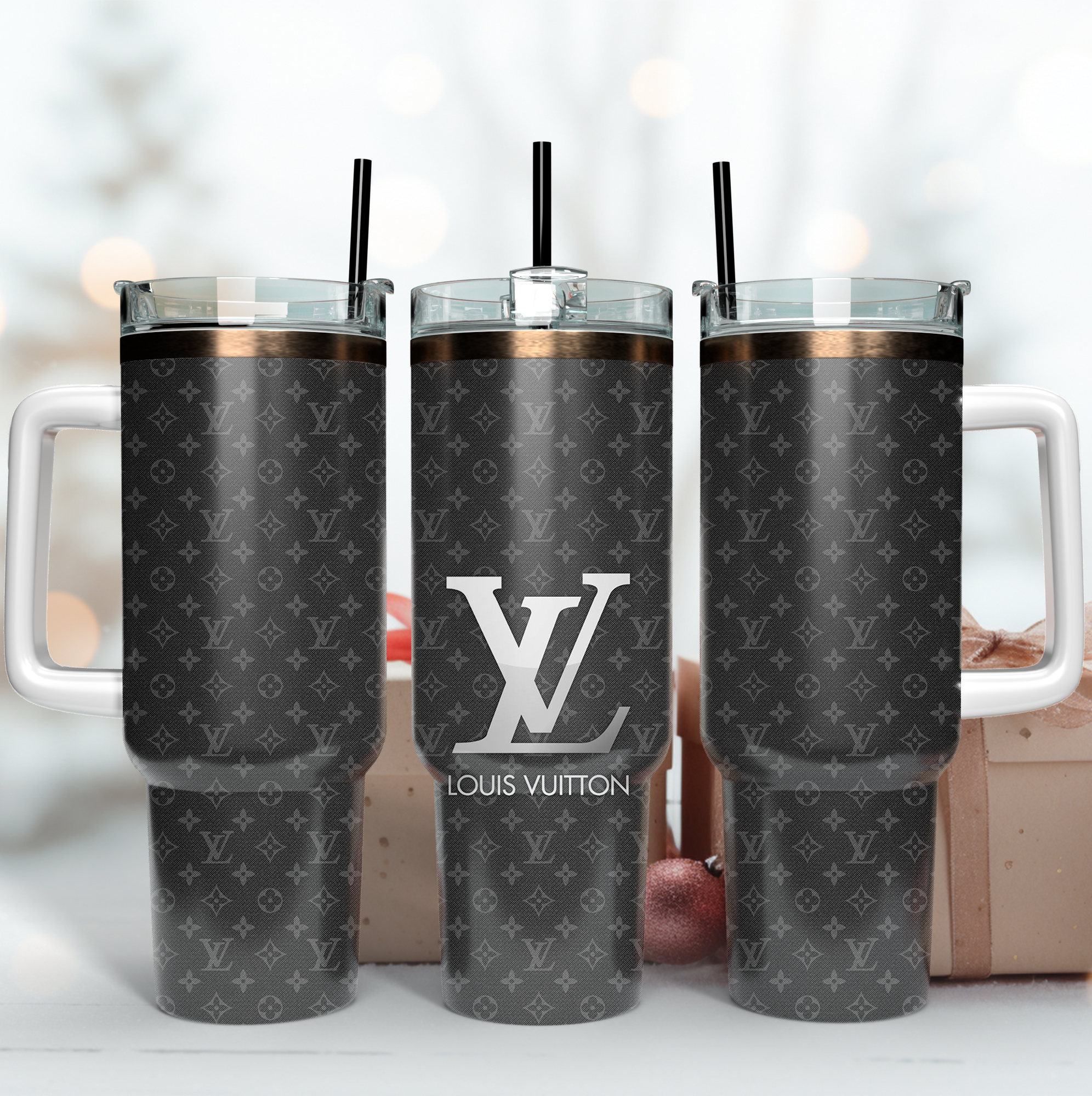 Louis Vuitton LV Silver Logo Custom Stanley Quencher 40oz Stainless Steel Tumbler With Handle