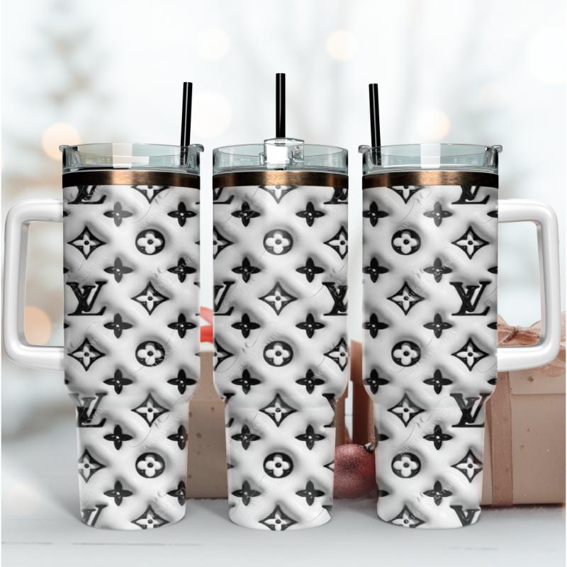 Louis Vuitton LV White 3D Logo Custom Stanley Quencher 40oz Stainless Steel Tumbler With Handle