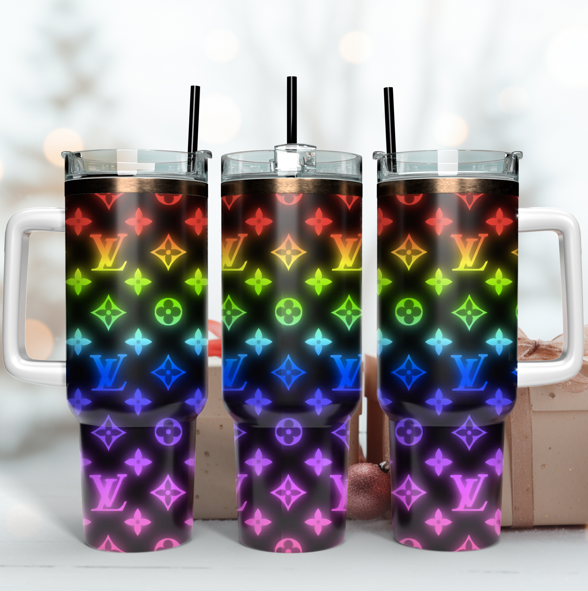 Louis Vuitton Neon LV Logo Custom Stanley Quencher 40oz Stainless Steel Tumbler With Handle
