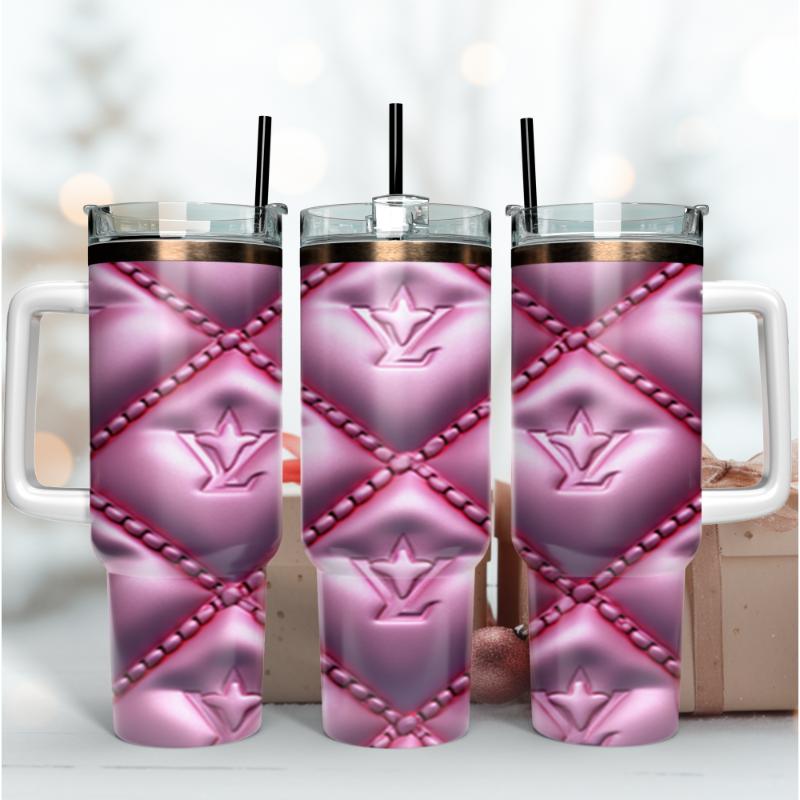 Louis Vuitton Pink LV 3D Logo Custom Stanley Quencher 40oz Stainless Steel Tumbler With Handle