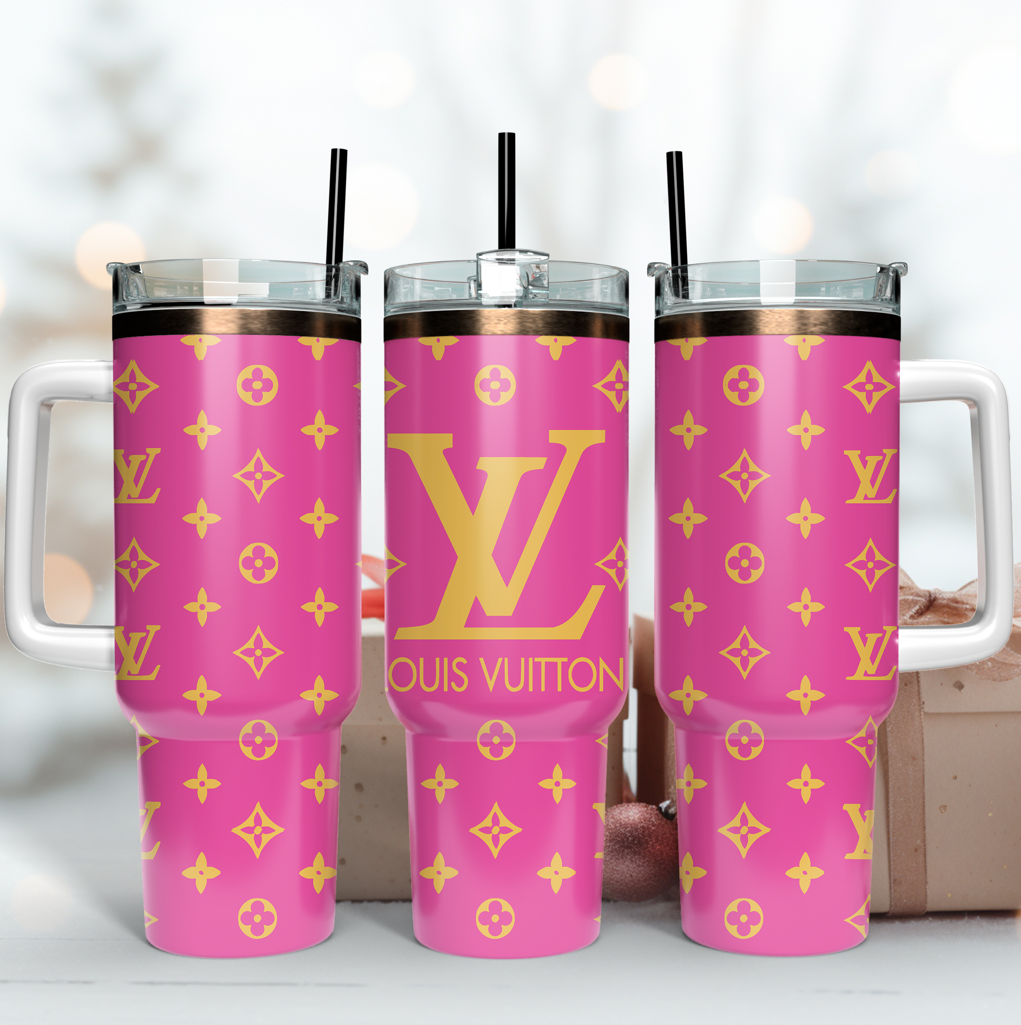Louis Vuitton Pink LV Custom Stanley Quencher 40oz Stainless Steel Tumbler With Handle
