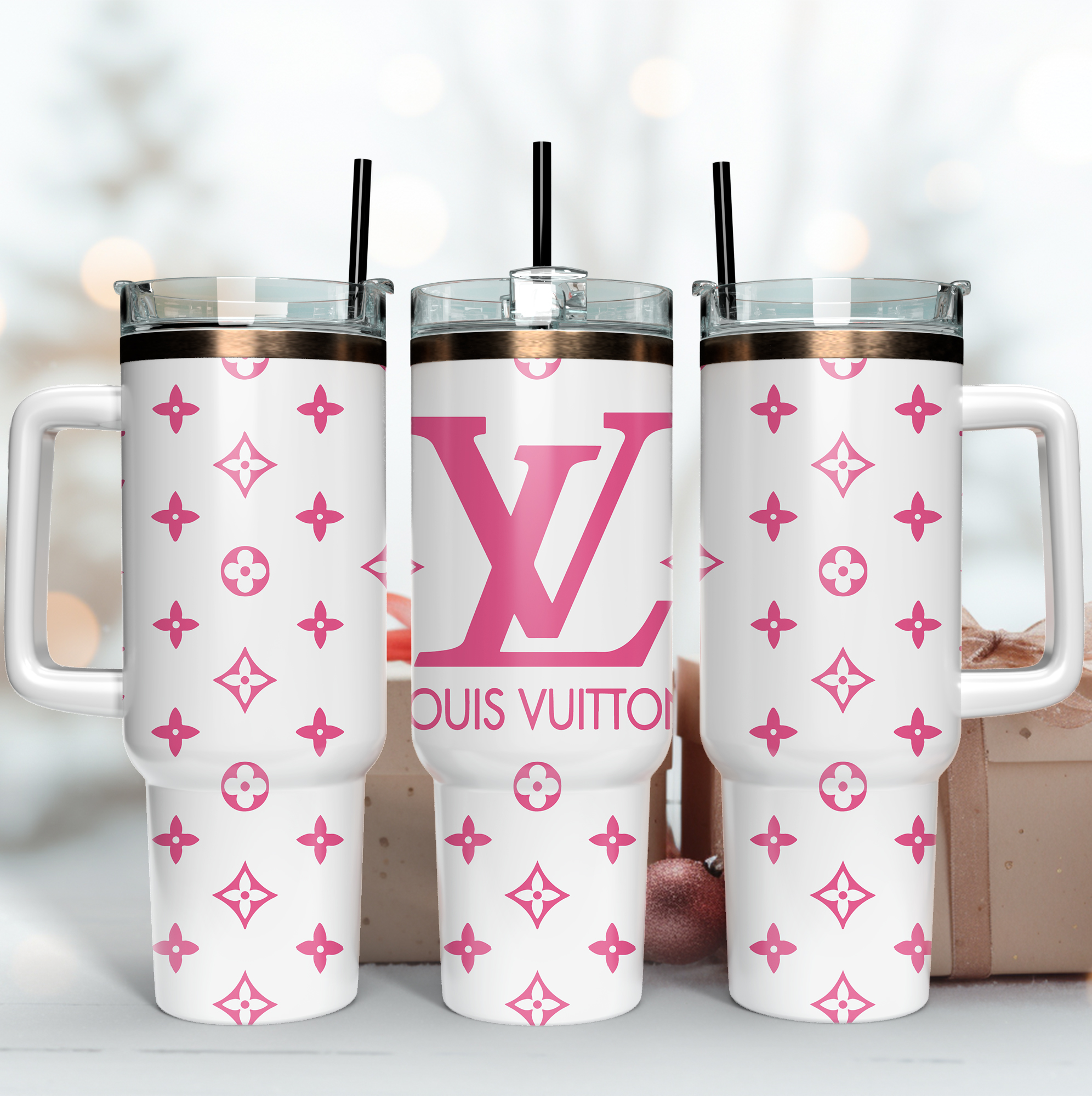 Louis Vuitton Pink LV Logo Custom Stanley Quencher 40oz Stainless Steel Tumbler With Handle