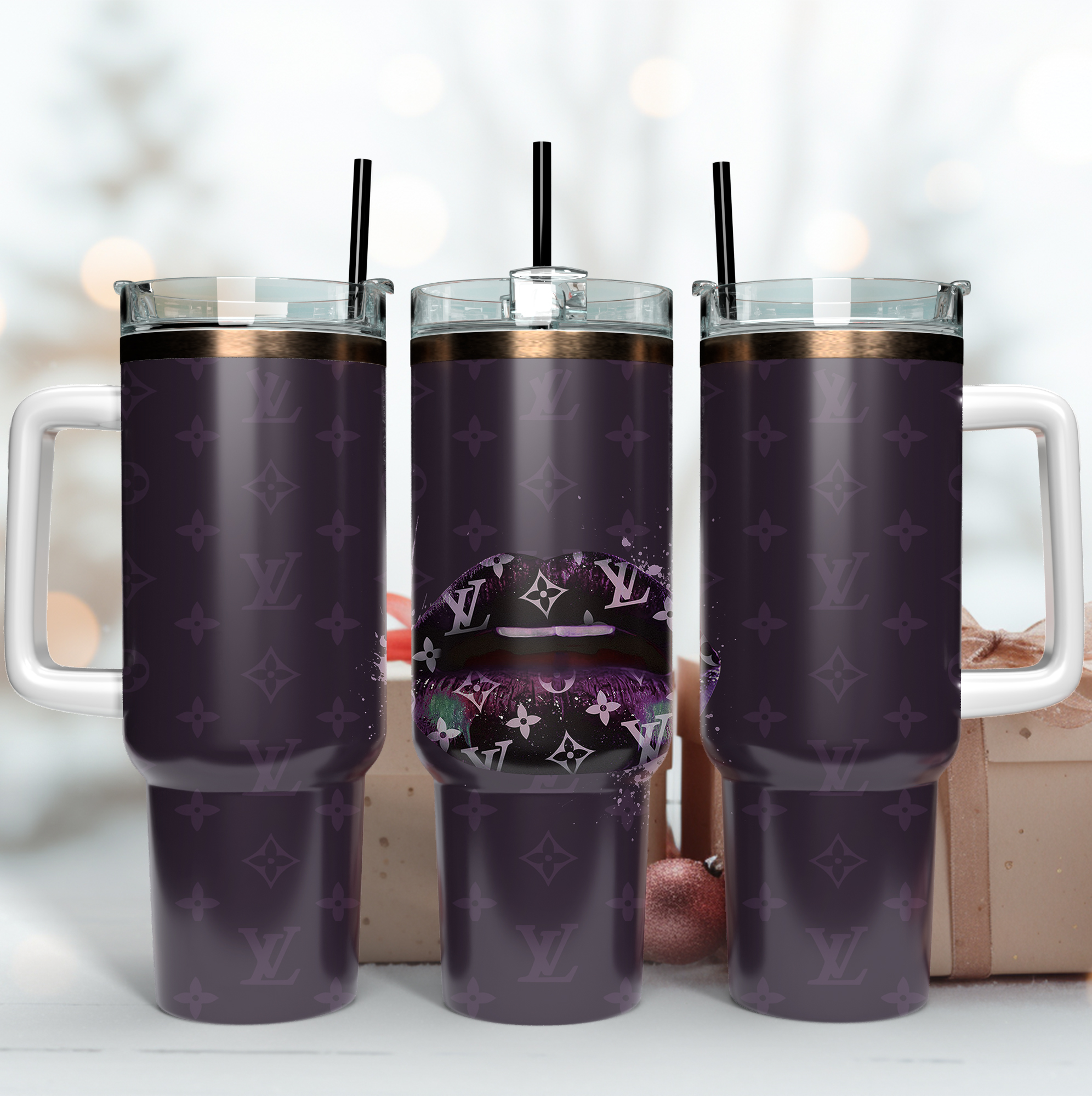 Louis Vuitton Purple LV Lips Custom Stanley Quencher 40oz Stainless Steel Tumbler With Handle