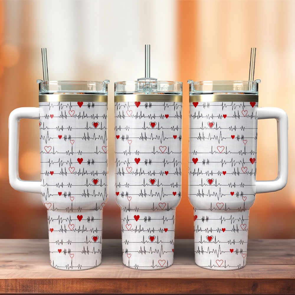 Love Heartbeat Pattern Artwork Custom Stanley Quencher 40oz Stainless Steel Tumbler With Handle