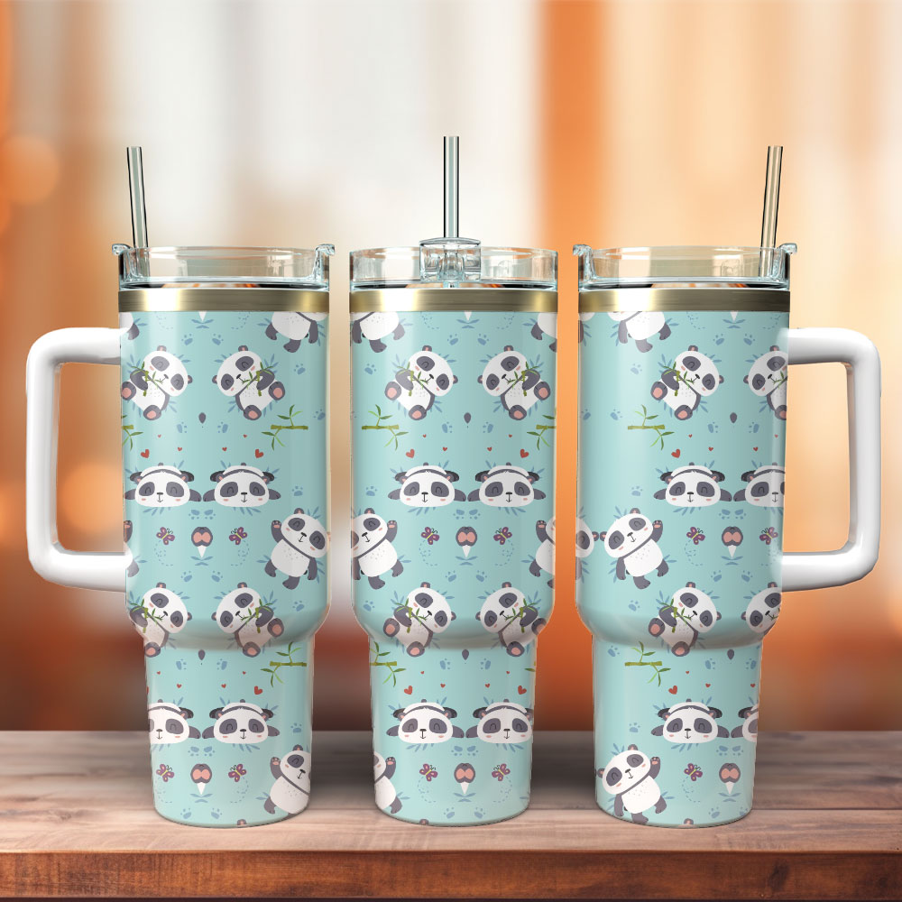 Lovely Pandas Artwork Custom Stanley Quencher 40oz Stainless Steel Tumbler With Handle