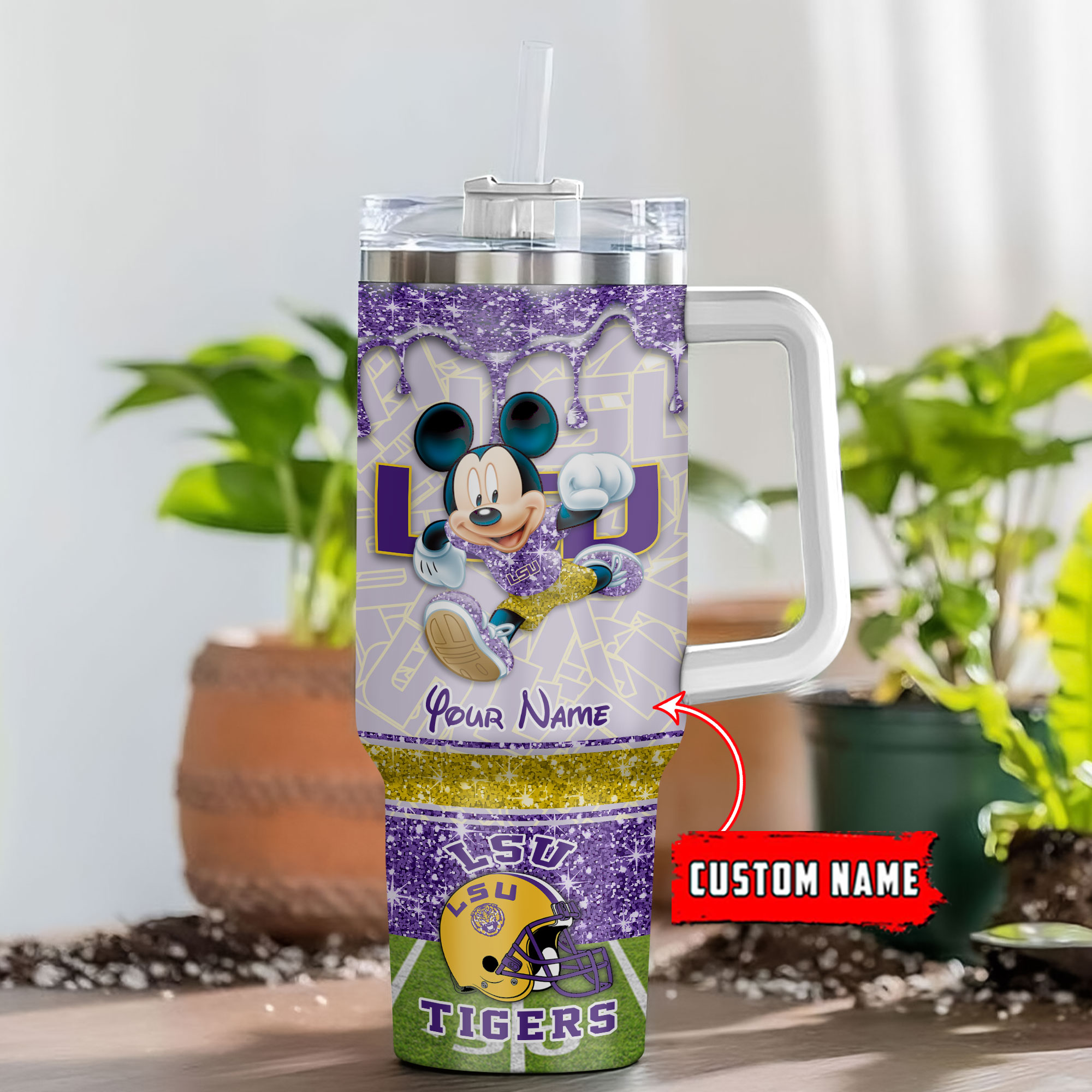 LSU Tigers NCAA Mickey Mouse Glitter Custom Stanley Quencher 40oz Stainless Steel Tumbler With Handle