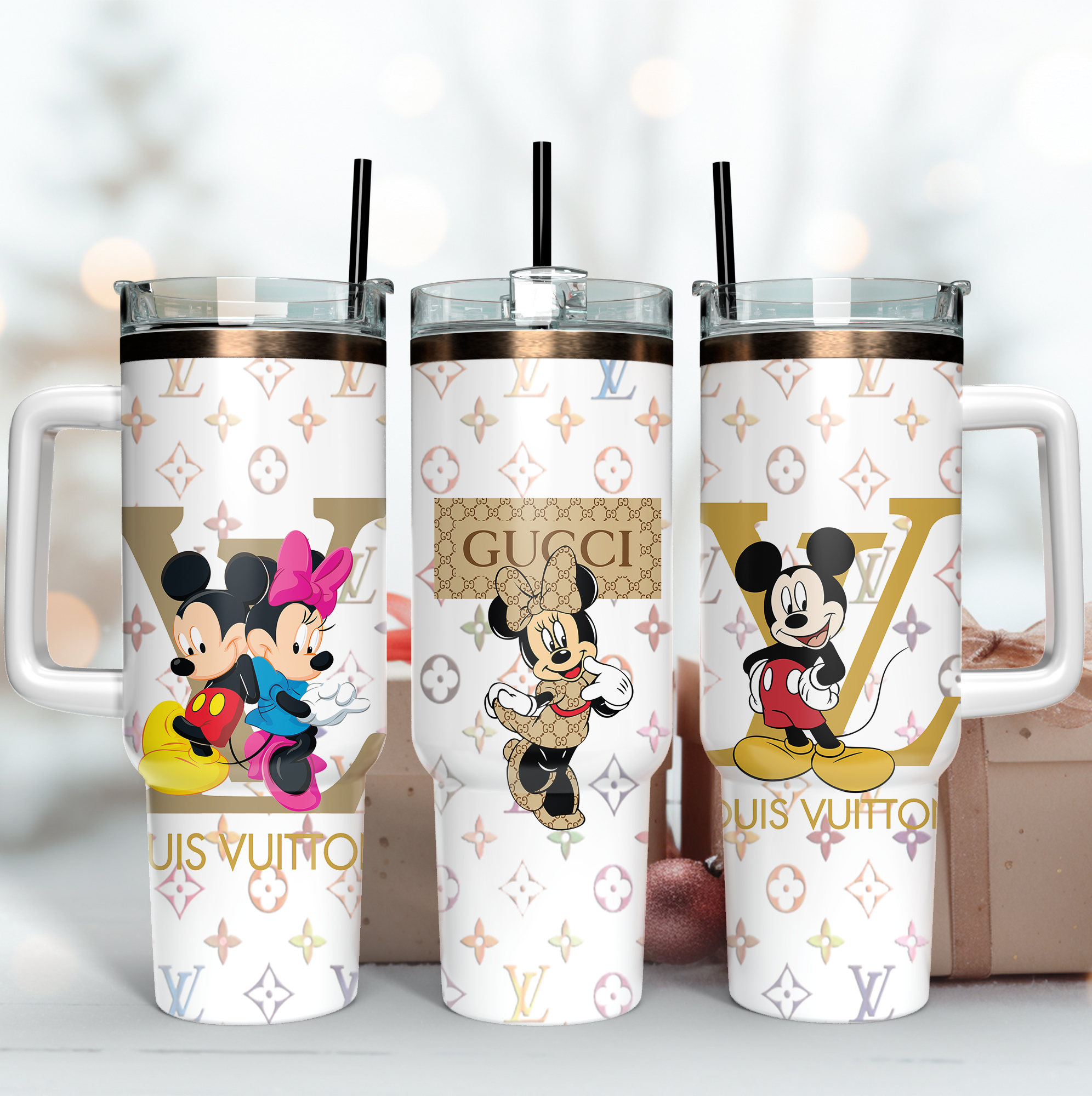 LV Gucci Mickey and Minnie Mouse Custom Stanley Quencher 40oz Stainless Steel Tumbler With Handle
