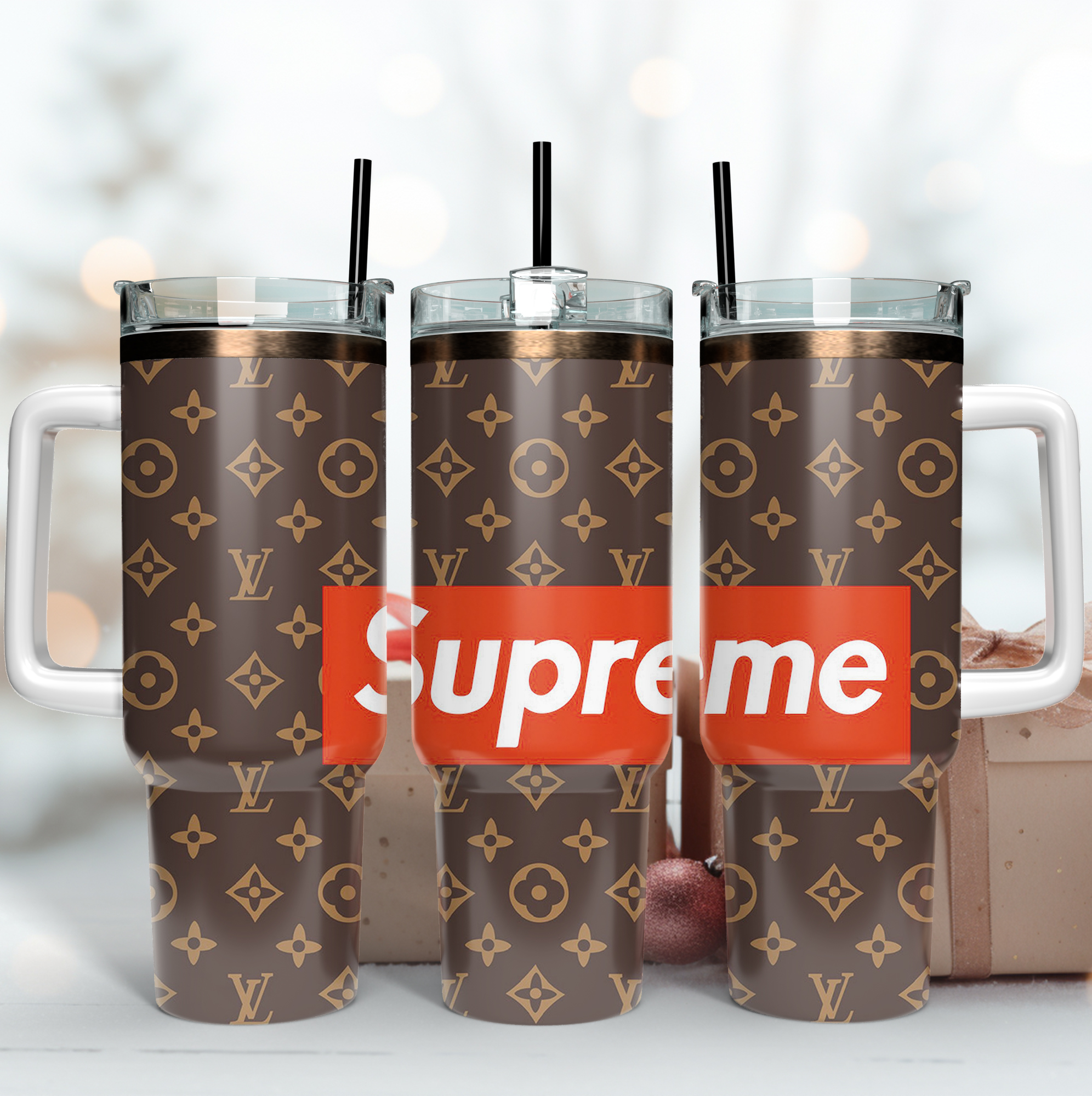 LV X Supreme Logo Custom Stanley Quencher 40oz Stainless Steel Tumbler With Handle