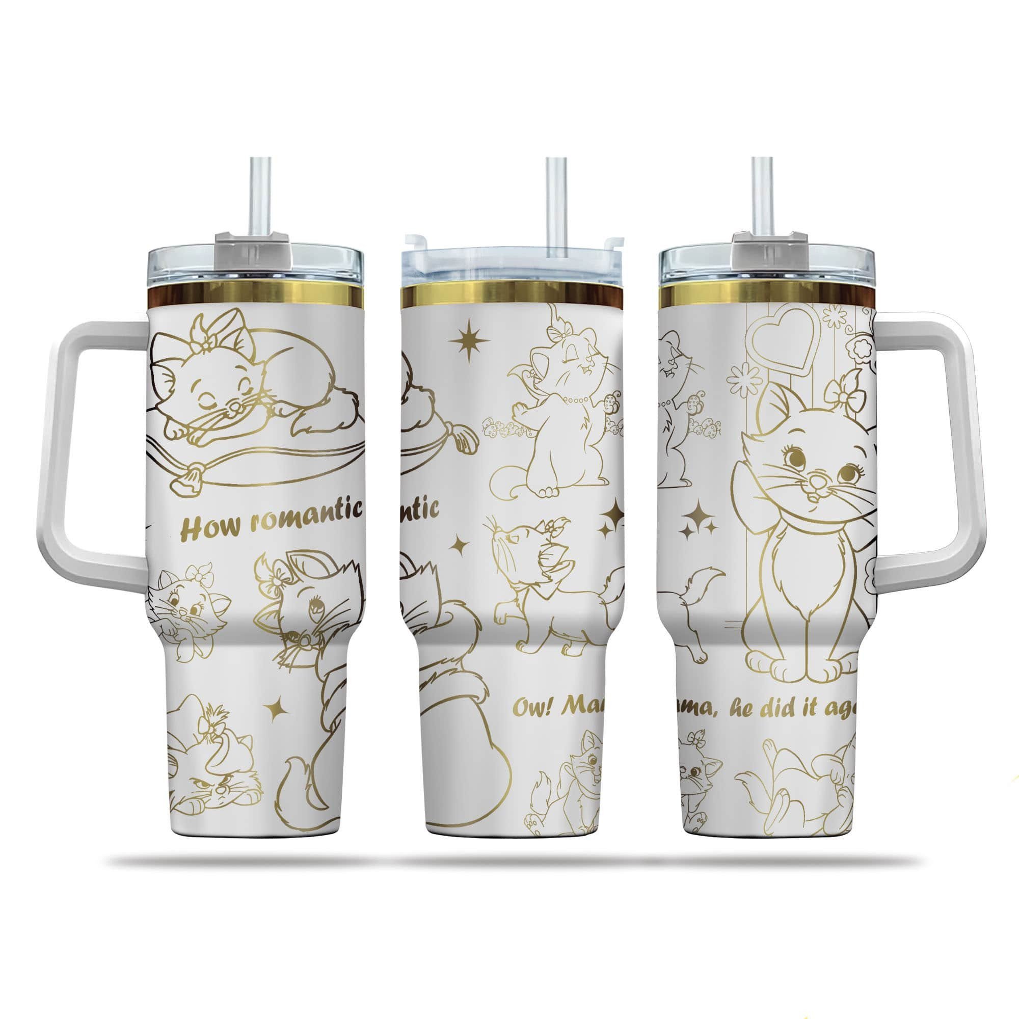Maca Mery Cat Cartoon Custom Stanley Quencher 40oz Stainless Steel Tumbler With Handle