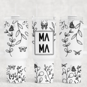Mama Black and White Floral Custom Stanley Quencher 40oz Stainless Steel Tumbler With Handle