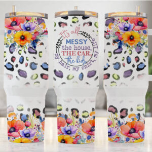 Mama Floral Leopard Print Custom Stanley Quencher 40oz Stainless Steel Tumbler With Handle