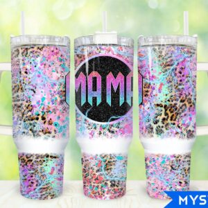 Mama Glitter Leopard Print Custom Stanley Quencher 40oz Stainless Steel Tumbler With Handle