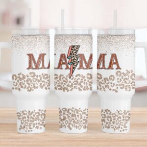 Mama Glitter Leopard Print Custom Stanley Quencher 40oz Stainless Steel Tumbler With Handle
