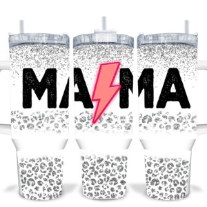 Mama Leopard Print Custom Stanley Quencher 40oz Stainless Steel Tumbler With Handle