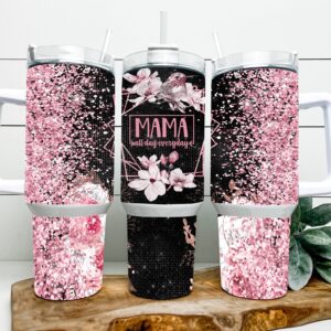 Mama Pink Floral Glitter Custom Stanley Quencher 40oz Stainless Steel Tumbler With Handle