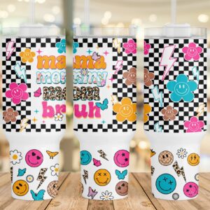 Mama Retro Checkered Smiley Face Custom Stanley Quencher 40oz Stainless Steel Tumbler With Handle