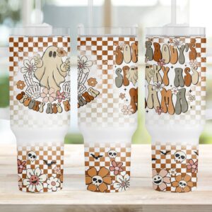 Mama Retro Checkered Spooky Halloween Custom Stanley Quencher 40oz Stainless Steel Tumbler With Handle