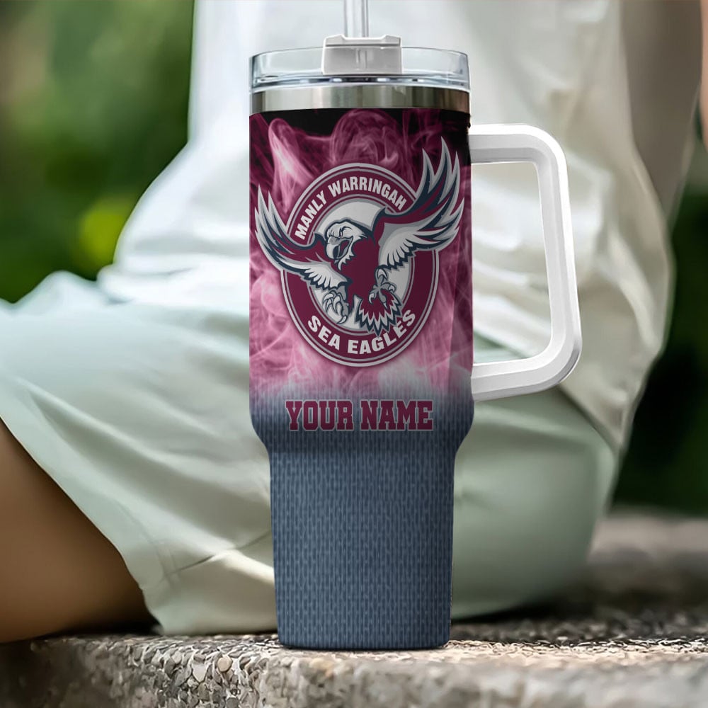 Manly Warringah Sea Eagles NRL Flame Effect Custom Stanley Quencher 40oz Stainless Steel Tumbler With Handle
