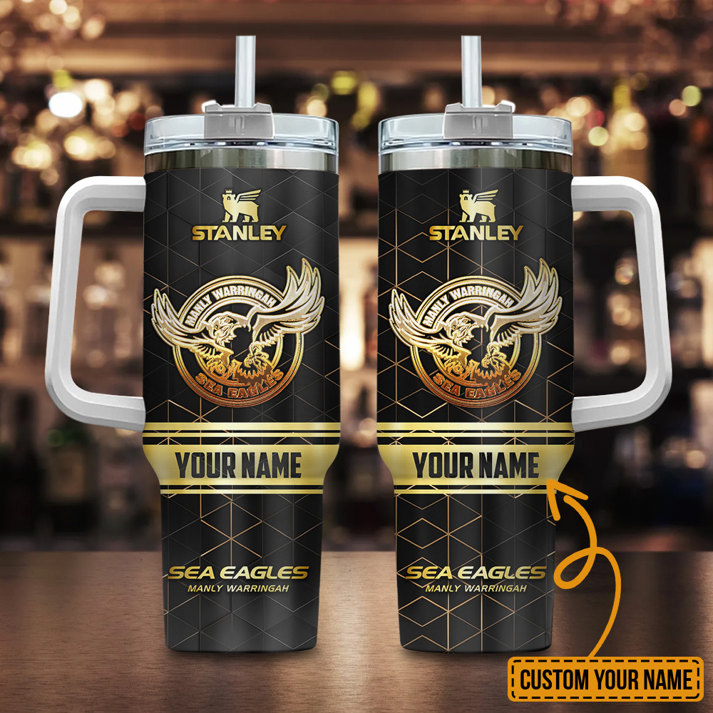 Manly Warringah Sea Eagles NRL Golden Logo Custom Stanley Quencher 40oz Stainless Steel Tumbler With Handle