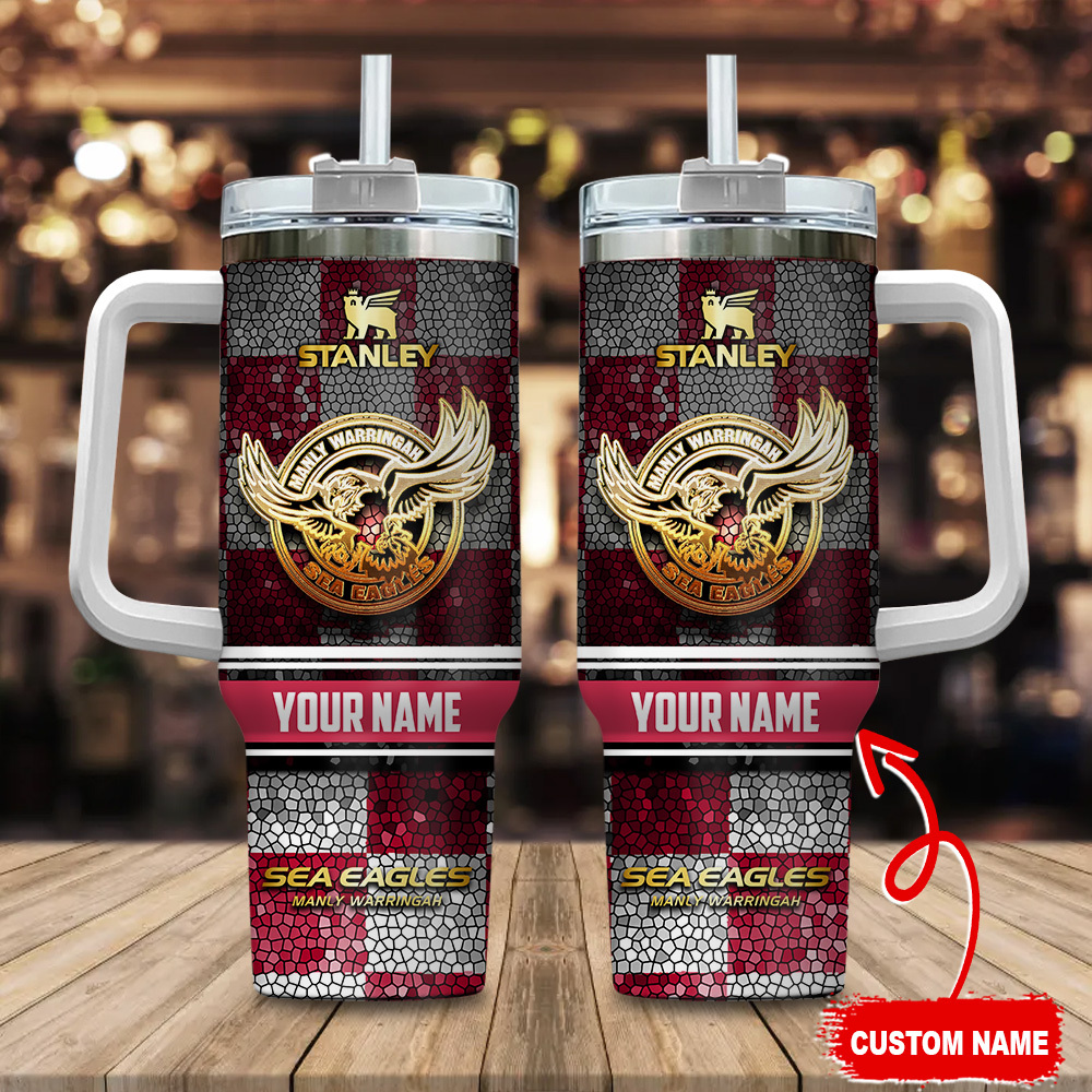 Manly Warringah Sea Eagles NRL Golden Logo Stained Glass Effect Custom Stanley Quencher 40oz Stainless Steel Tumbler With Handle
