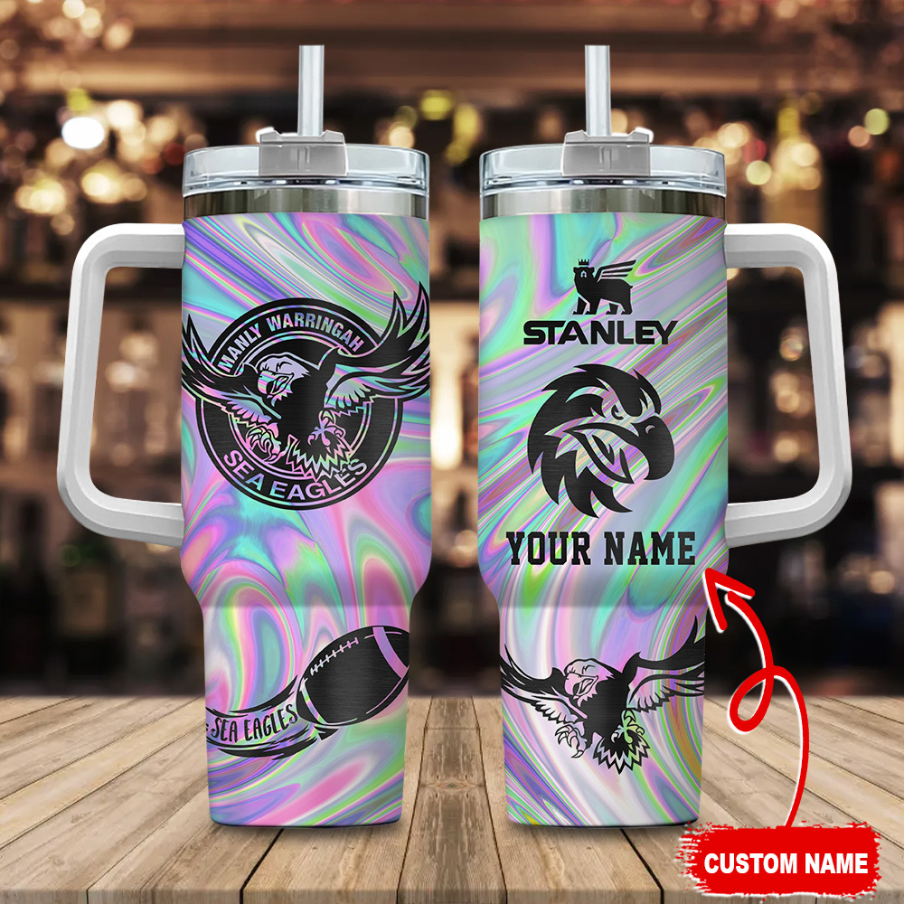 Manly Warringah Sea Eagles NRL Hologram Effect Custom Stanley Quencher 40oz Stainless Steel Tumbler With Handle