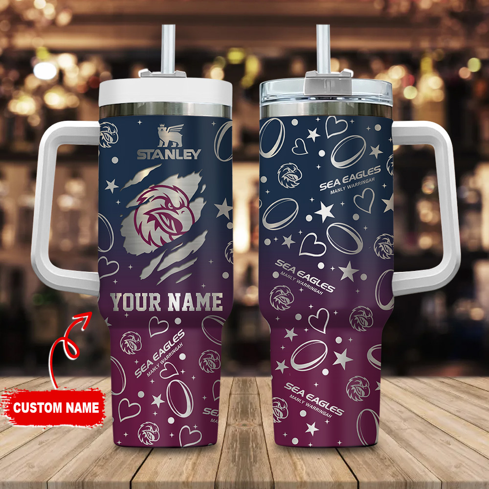 Manly Warringah Sea Eagles NRL Silver Logo Custom Stanley Quencher 40oz Stainless Steel Tumbler With Handle