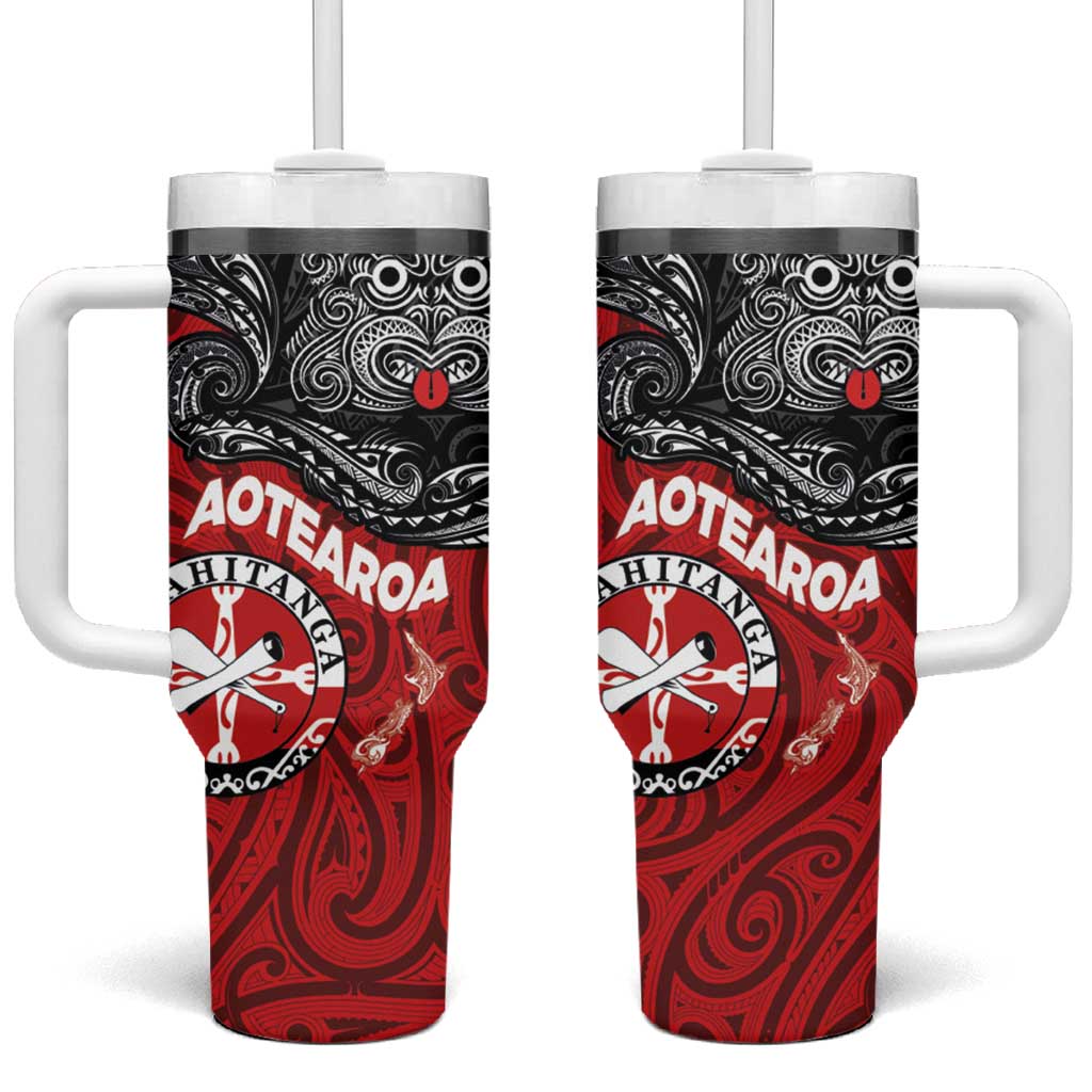 Maori Kotahitanga Aotearoa with Maori Mask and Polynesian Art Tattoo Custom Stanley Quencher 40oz Stainless Steel Tumbler With Handle