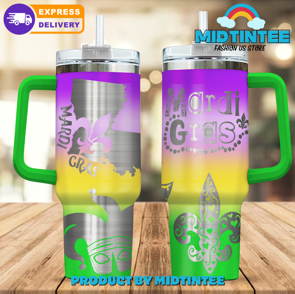 Mardi Gras Custom Stanley Quencher 40oz Stainless Steel Tumbler With Handle
