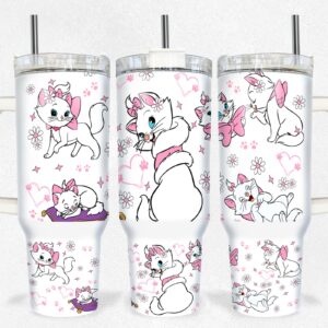 Marie The Aristocats Disney Cartoon Custom Stanley Quencher 40oz Stainless Steel Tumbler With Handle