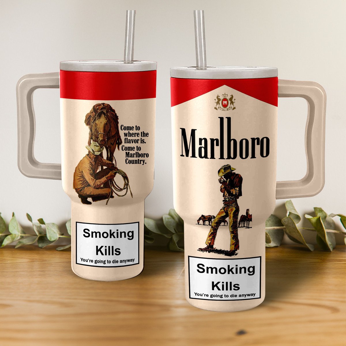 Marlboro Cigarette Custom Stanley Quencher 40oz Stainless Steel Tumbler With Handle