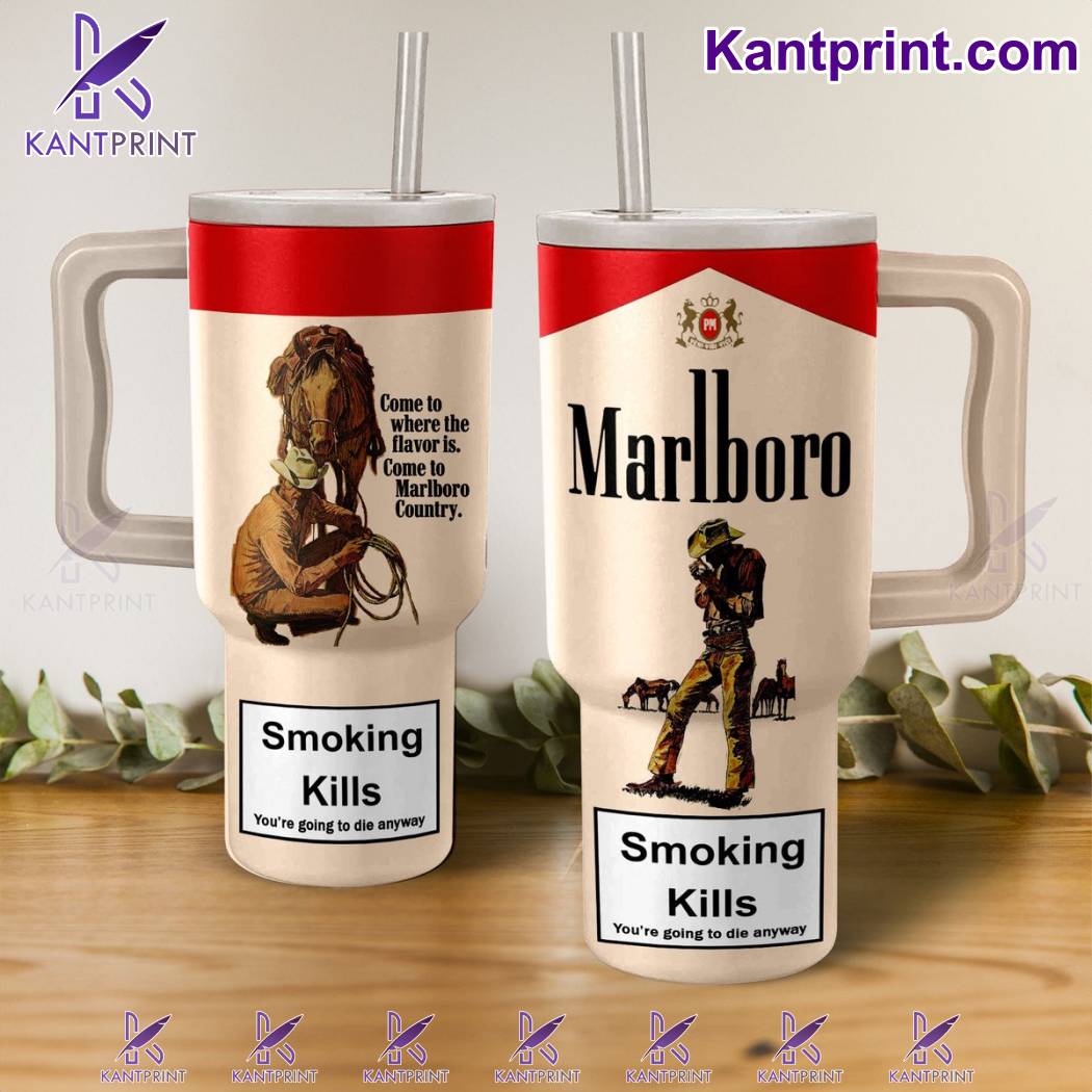 Marlboro Smoking Kills Cigarette Custom Stanley Quencher 40oz Stainless Steel Tumbler With Handle