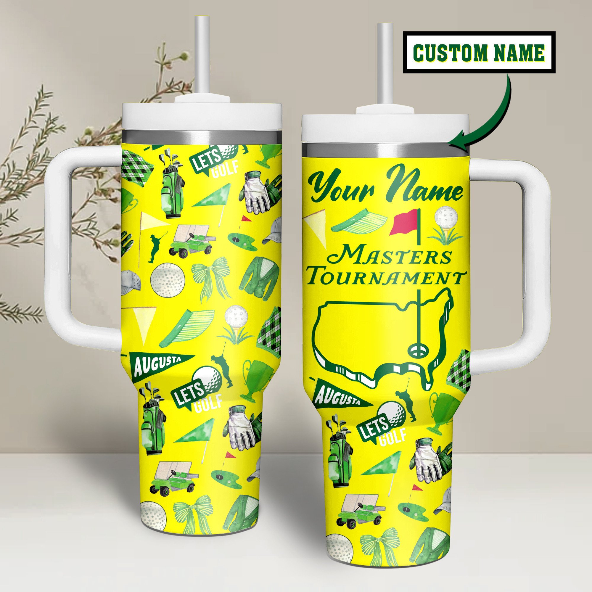Masters Tournament Tumbler 40oz Custom Stanley Quencher 40oz Stainless Steel Tumbler With Handle